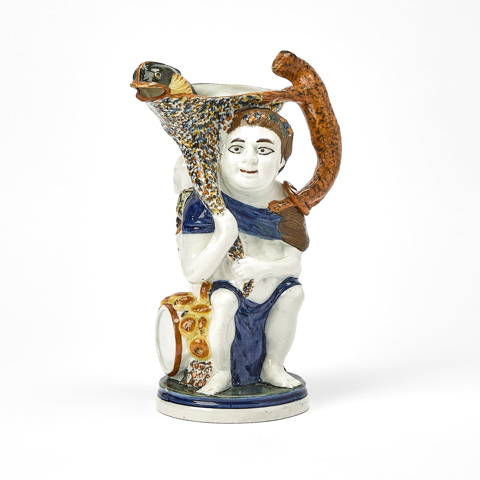 Prattware Bacchus & Pan Jug: Label on the underside THE NANCY HUNT COLLECTION NO. 104. Height 11 3/4 inches.