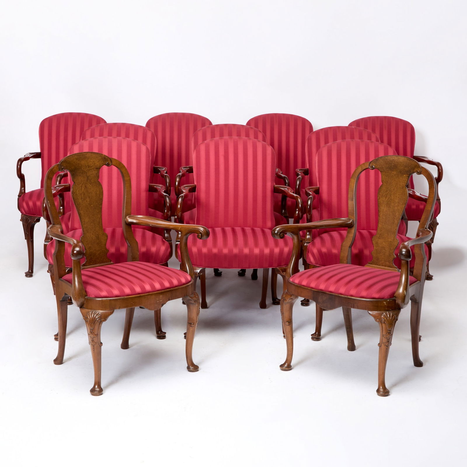 Set of Twelve George I Style Upholstered Walnut Dining Armchairs (1 of 6)
