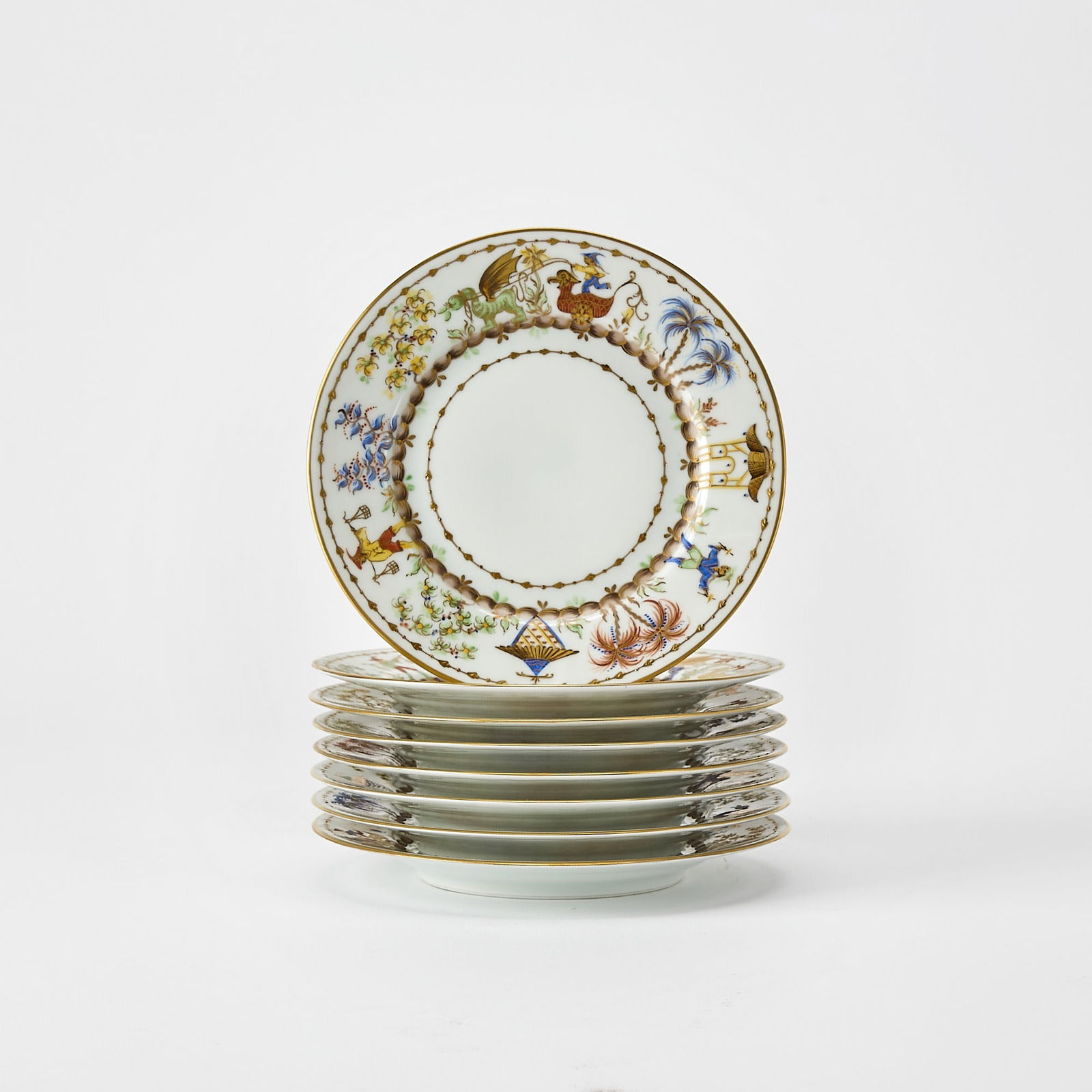 Set of Eight Le Tallec for Tiffany & Co. Porcelain 'Cirque Chinois' Pattern Bread Plates: Pattern introduced in 2001 as part of Tiffany & Co.'s Private Stock collection; the pattern was originally created by the French porcelain atelier Camille Le Tallec, which Tiffany & Co. acquir