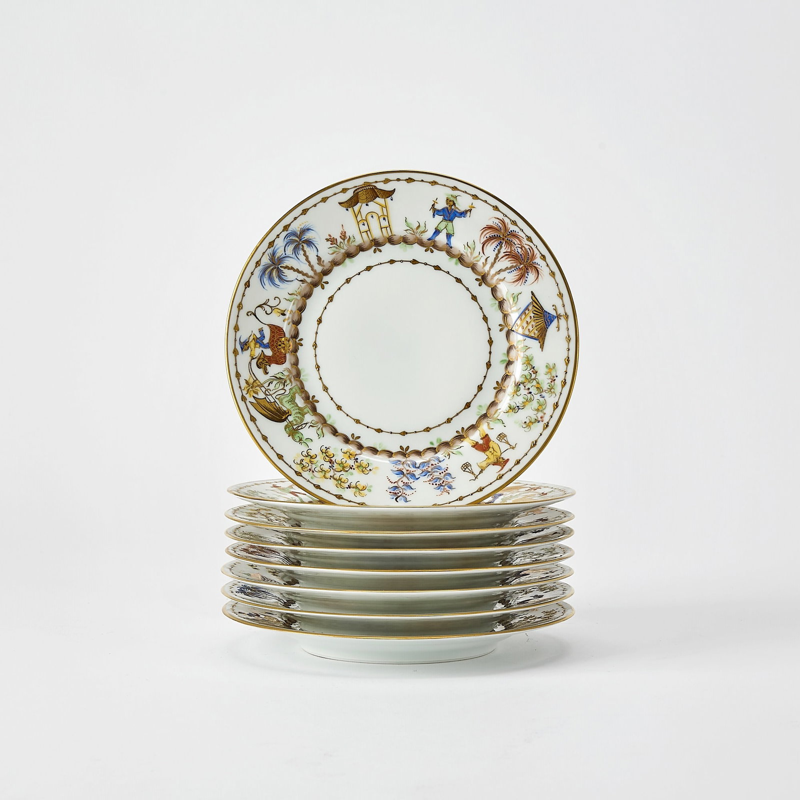 Set of Eight Le Tallec for Tiffany & Co. Porcelain 'Cirque Chinois' Pattern Bread Plates: Pattern introduced in 2001 as part of Tiffany & Co.'s Private Stock collection; the pattern was originally created by the French porcelain atelier Camille Le Tallec, which Tiffany & Co. acquir