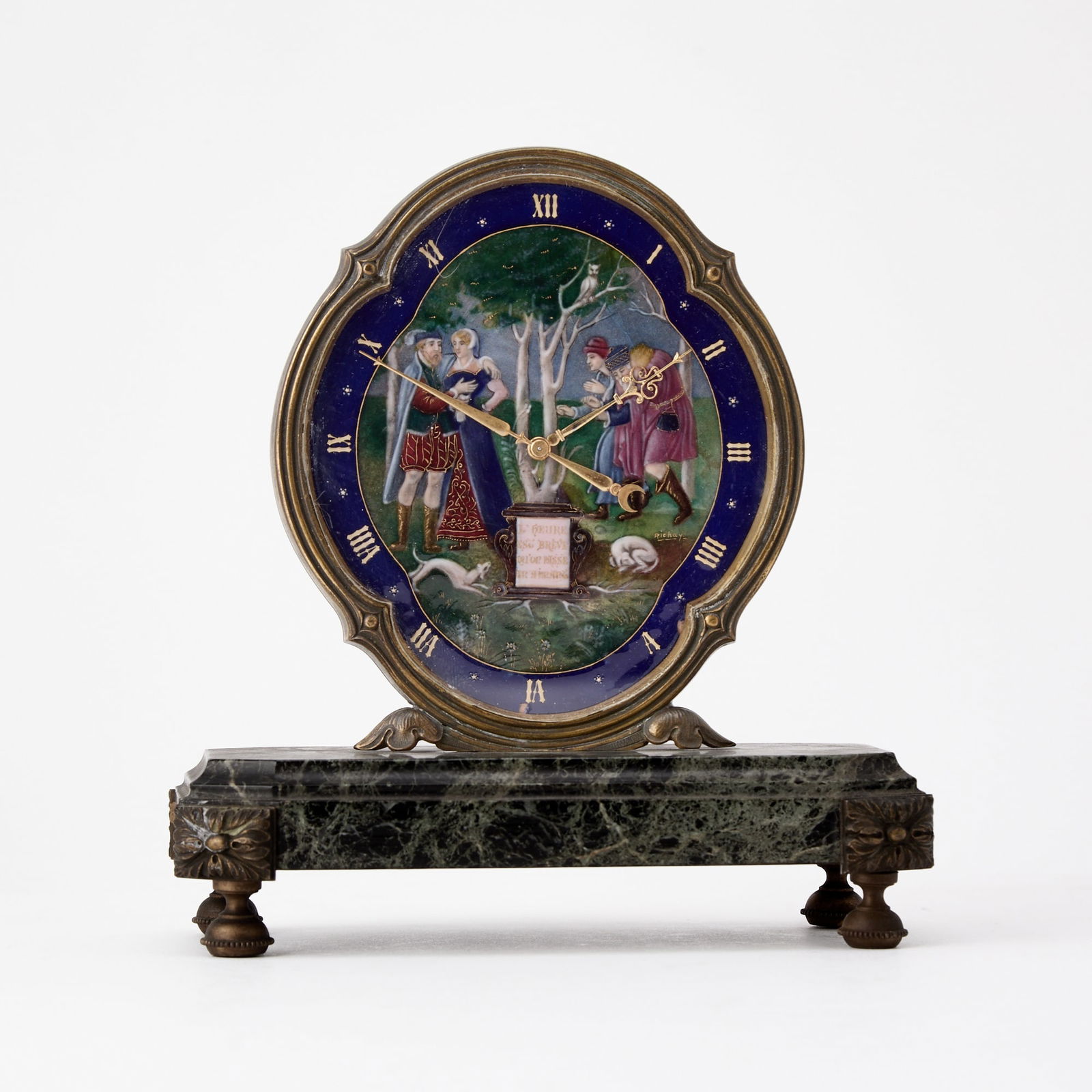 Gilt-Metal, Enamel and Green Marble Desk Clock (1 of 5)