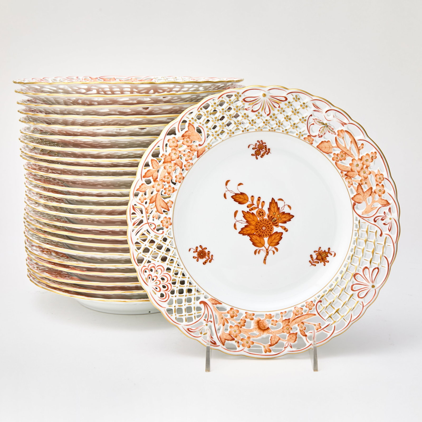 Set of Twenty-Four Herend Hand-Painted Porcelain Pierced Dessert Plates (1 of 3)