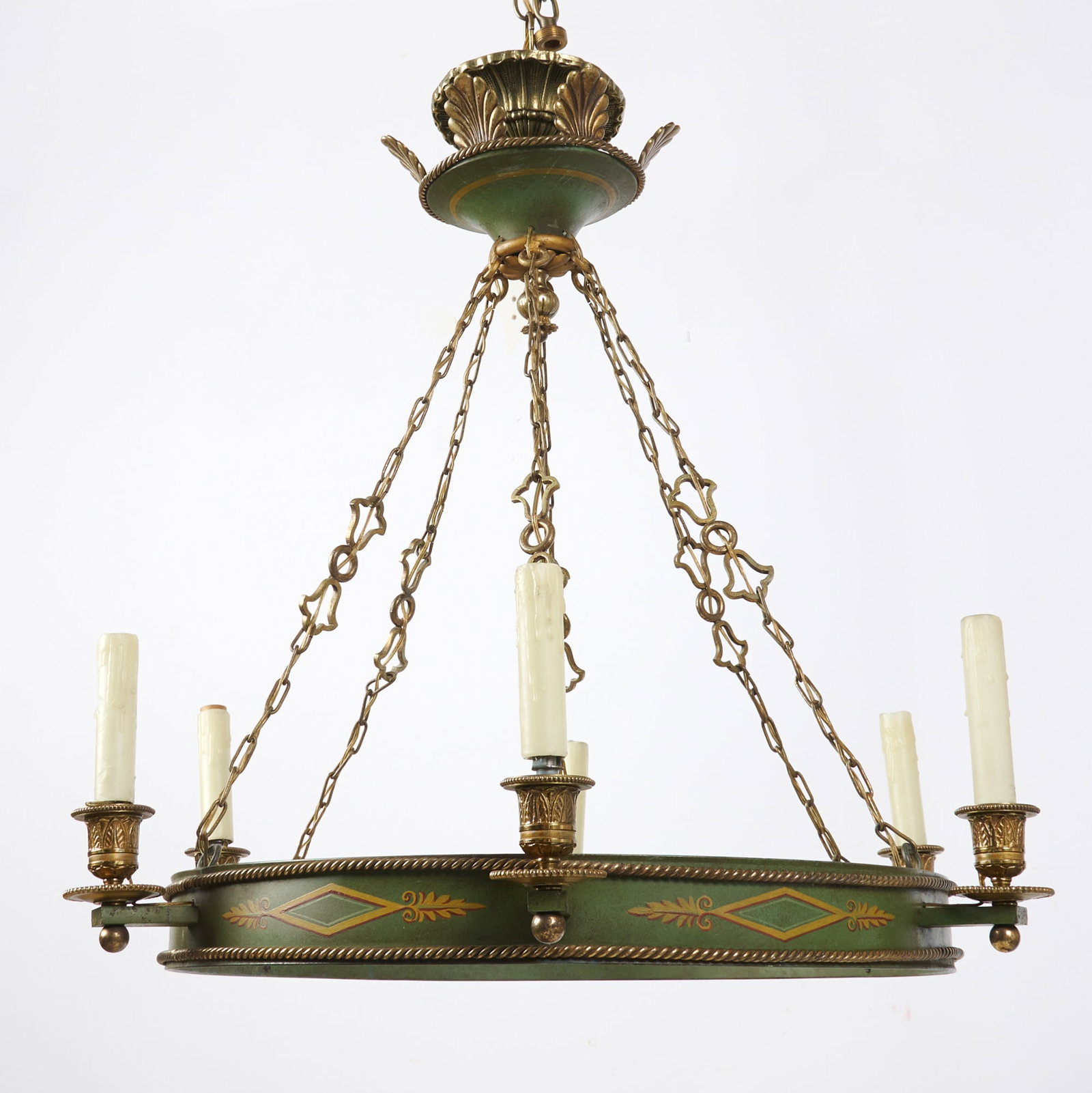 Empire Style Green Tôle and Gilt-Bronze Six-Light Chandelier (1 of 2)