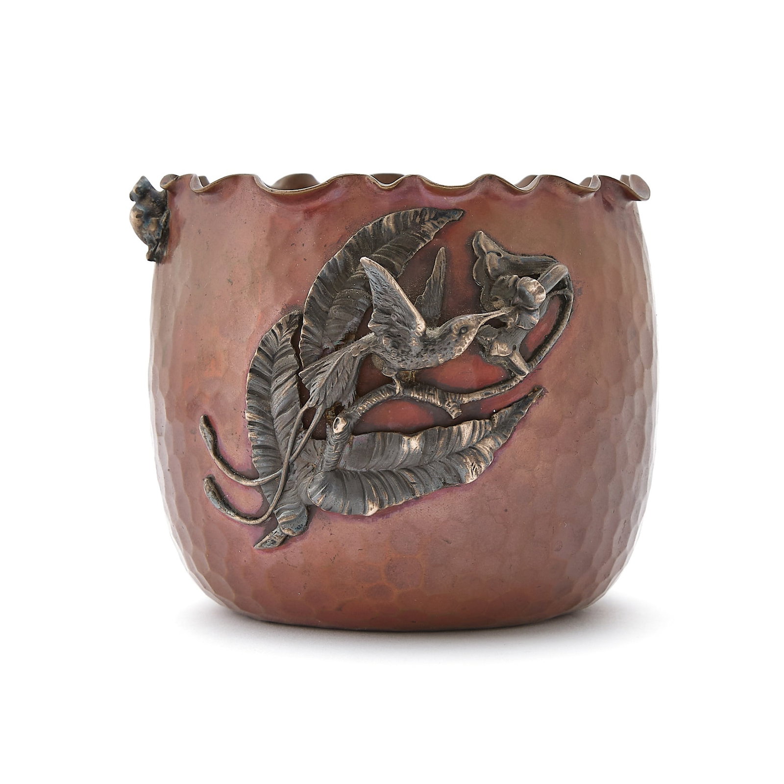 Gorham Co. Aesthetic Movement Silver Applied Hammered Copper Small Pot: 1880s Stamped GORHAM CO. Y50. Height 3 1/2 inches. there is a somewhat large size impact dent to the bottom edge; there are possibly two small indentations to one side of the upper body on either sid