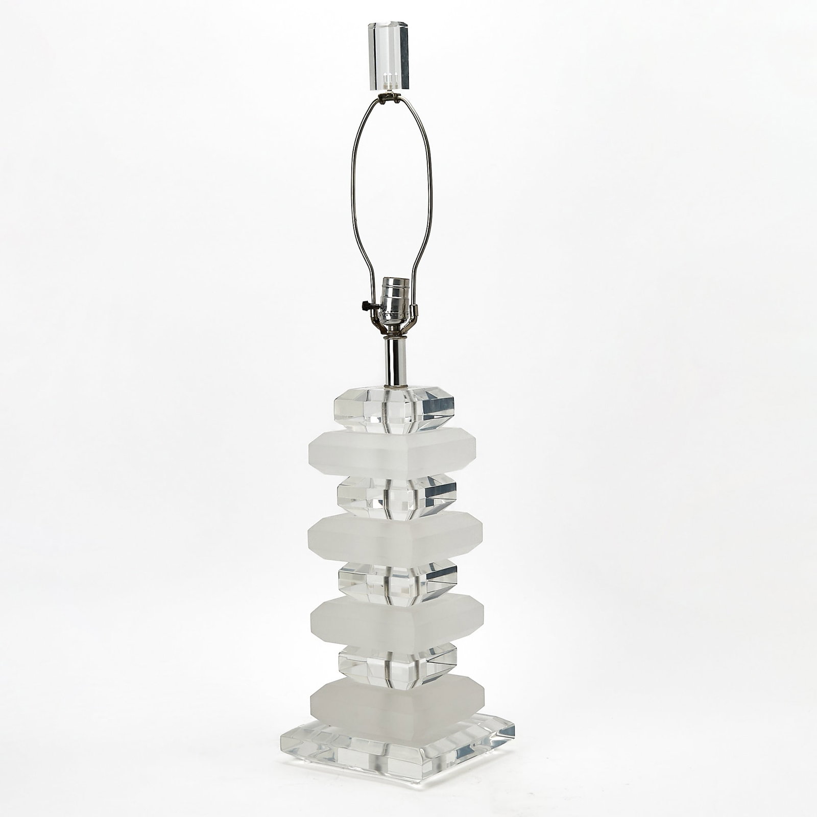 Mid Century Modern Style Acrylic Table Lamp: Of multitiered square columnar form, with alternating "polished" and "frosted" segments.Height overall 34 1/4 inches; height of body 17 3/4 inches. appears to be in very good condition; unmarked as