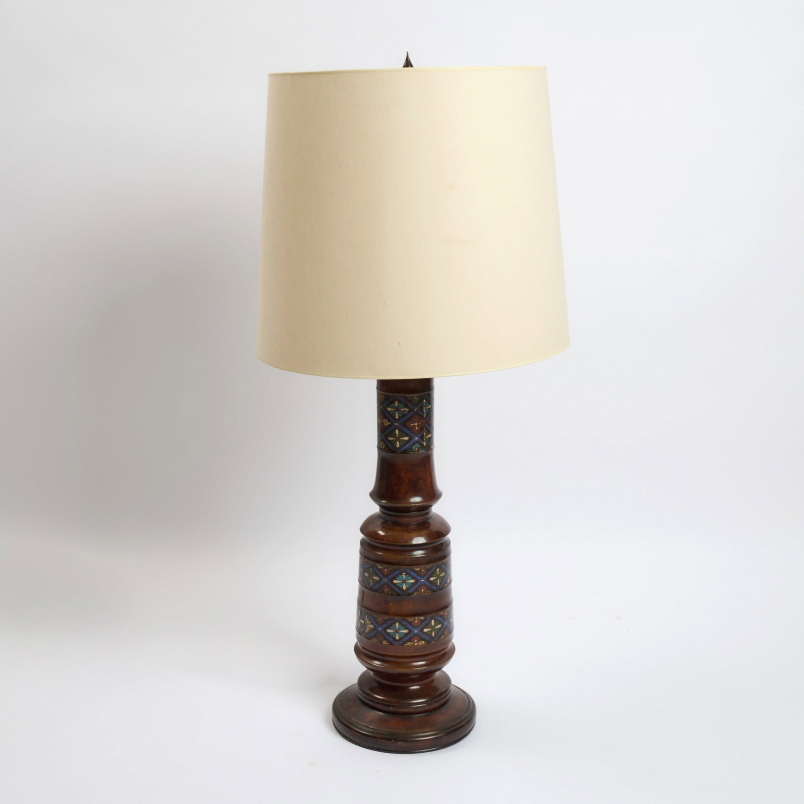 Asian Bronze Patinated Metal and Champleve Enamel Table Lamp: Height overall 44 3/4 inches; height of body 25 inches.