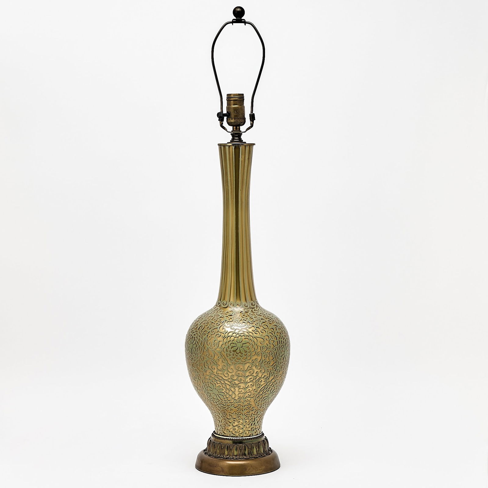 Mid-Century Metal-Mounted Blown and Enamel Decorated Glass Table Lamp: Second half 20th century Of bottle form, with an attenuated neck, decorated with allover stylized chrysanthemum blossoms, stems and leaves, in sage green colored enamel. Height overall 32 3/4 inches;