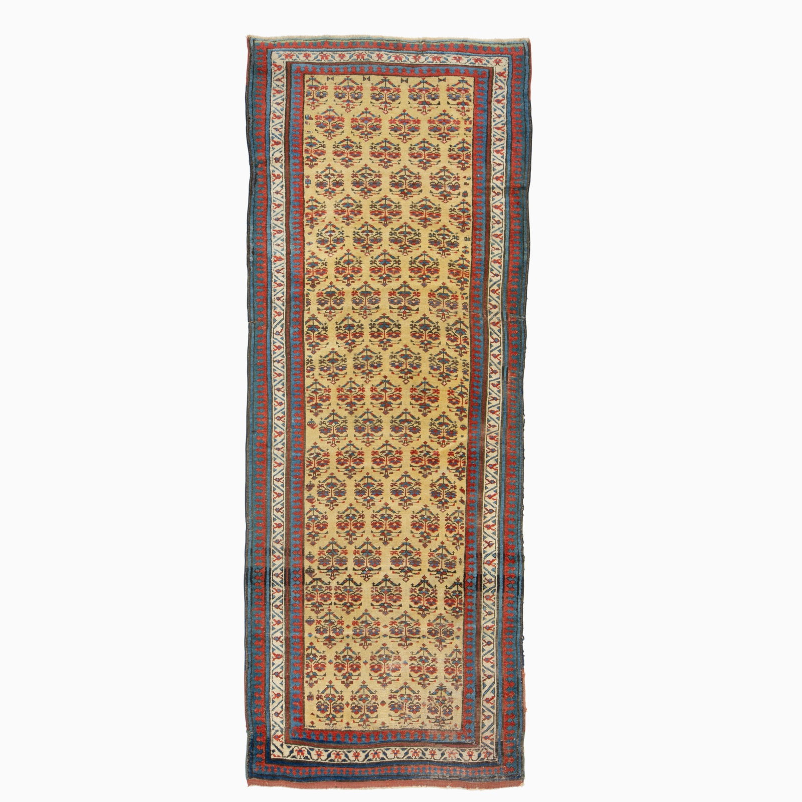Lesghi Runner: Northeast Caucasus, Last 1/4 19th CenturyThe ascending shrub pattern on the pale saffron field is within an ivory meandering vine border. (8' 0" x 3' 4") Reduced in length, areas of wear, re-piled