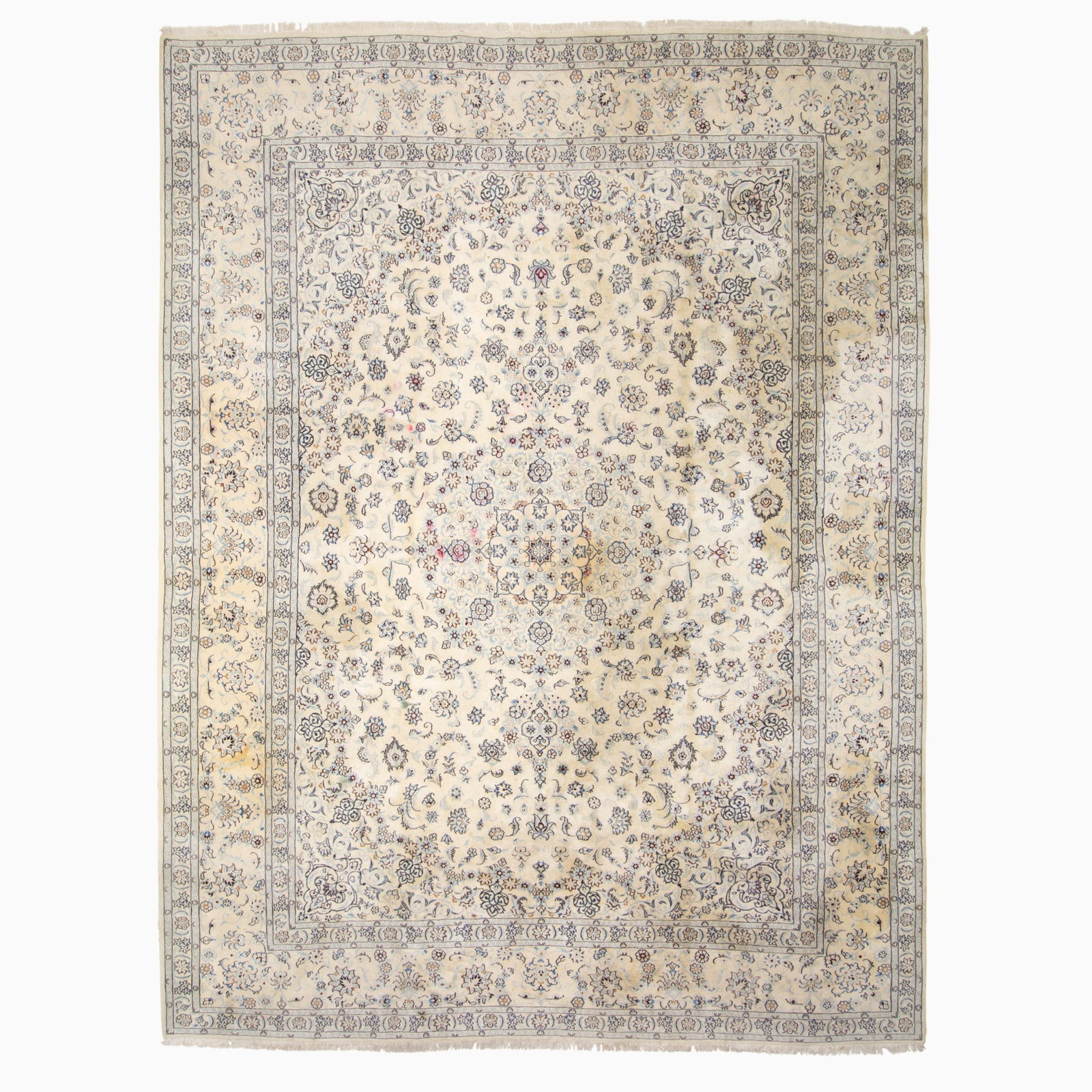 Nain Carpet: Central Iran, 2nd 1/2 20th Century The central circular pendant medallion on the ivory field is within a buff palmette and vine border. Silk highlights. 196 kpsi, 9-LAH quality. (12' 10" x 9' 9") Stai