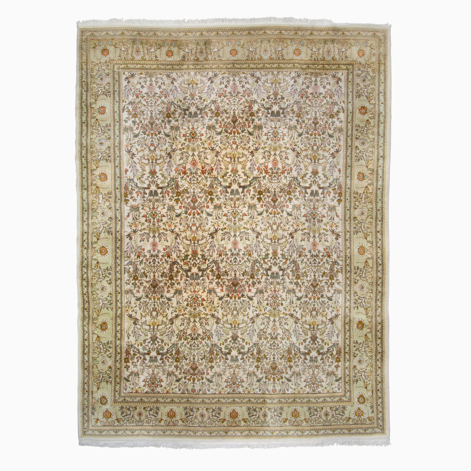 Taba Tabriz Carpet: Northwest Iran, Circa 1975The overall ascending pattern of animals and birds amongst flora on the ivory field is within a buff border. (13' 2" x 9' 8") Soiled, faint stains