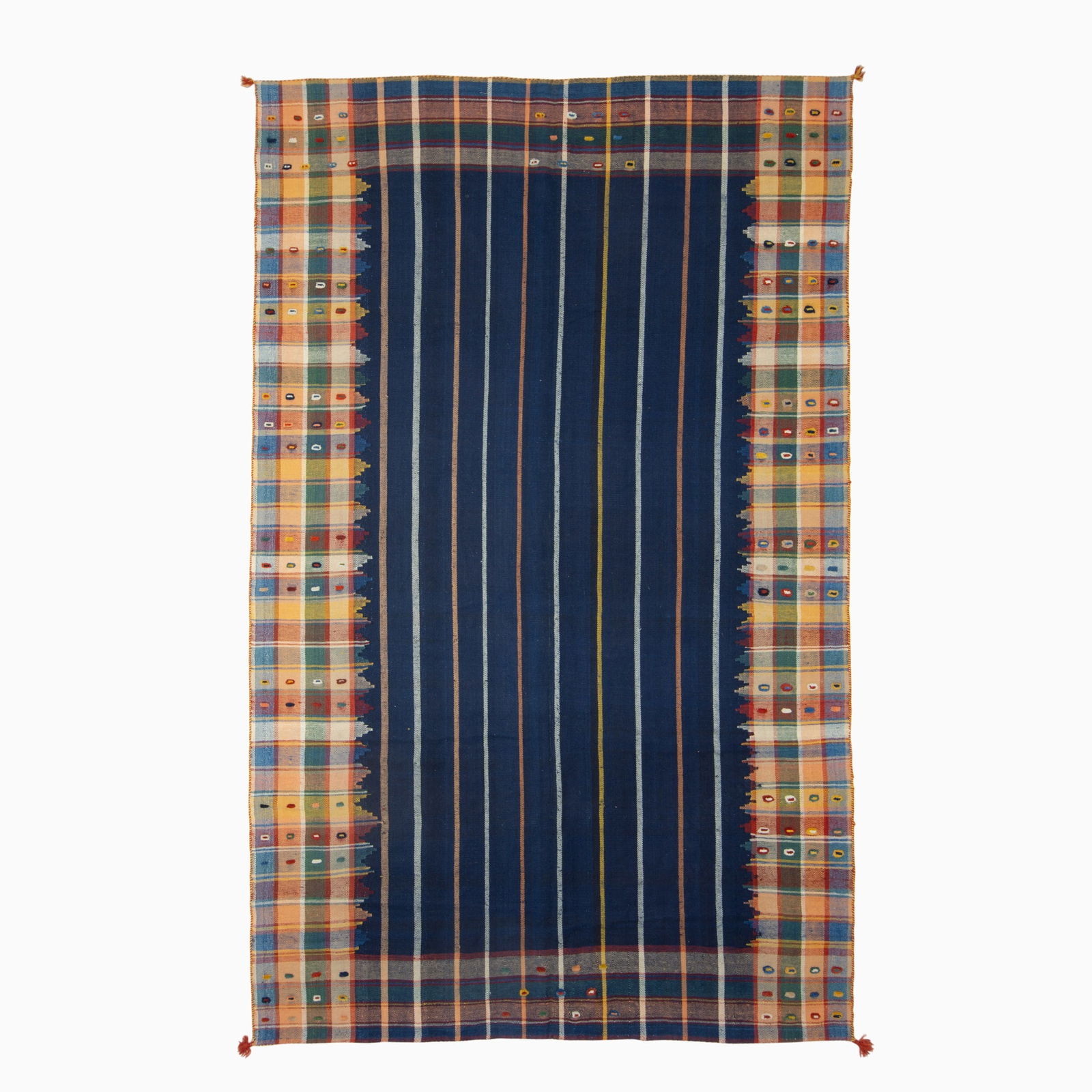 Qashqai Kilim: Southwest Iran, Late 20th CenturyThe indigo field with a vertical stripe pattern is within a polychrome checkerboard border. (10' 4" x 6' 6")