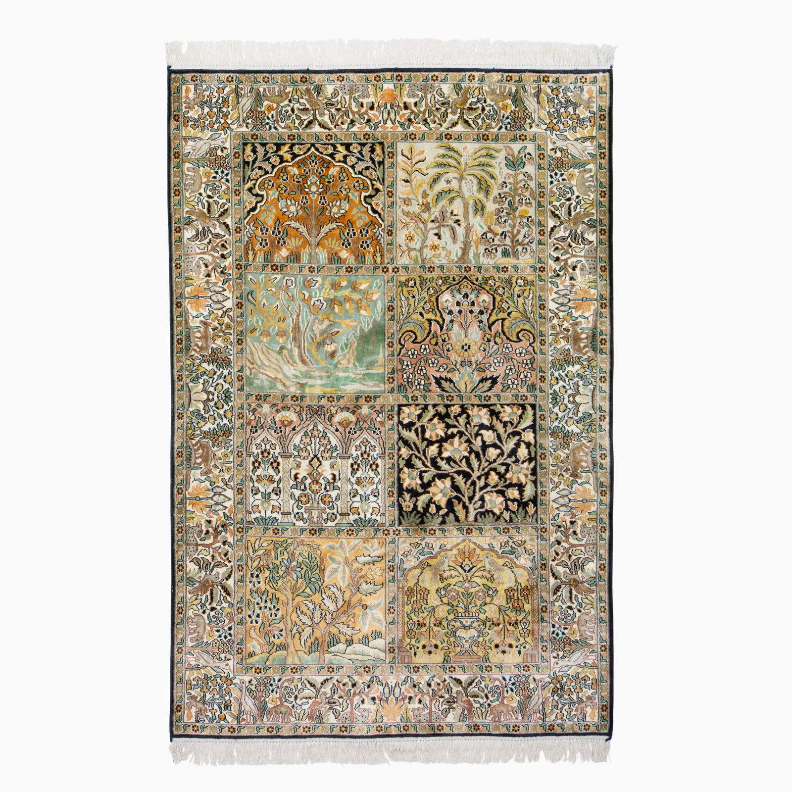 Kashmir Silk Rug: India, ContemporaryThe allover polychrome garden design is within an ivory border filled with animals and shrubs. 210 kpsi. (6' 2" x 4' 1")