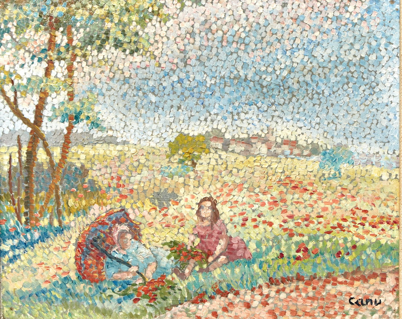 Yvonne Canu: French, 1921-2007 Les Coquelicots Signed canu (lr) Oil on canvas 9 1/4 x 11 inches (Frame 16 1/4 x 18 1/4 inches) Scattered spots of inpainting in tree?Lower left corner with rubbing from frame?