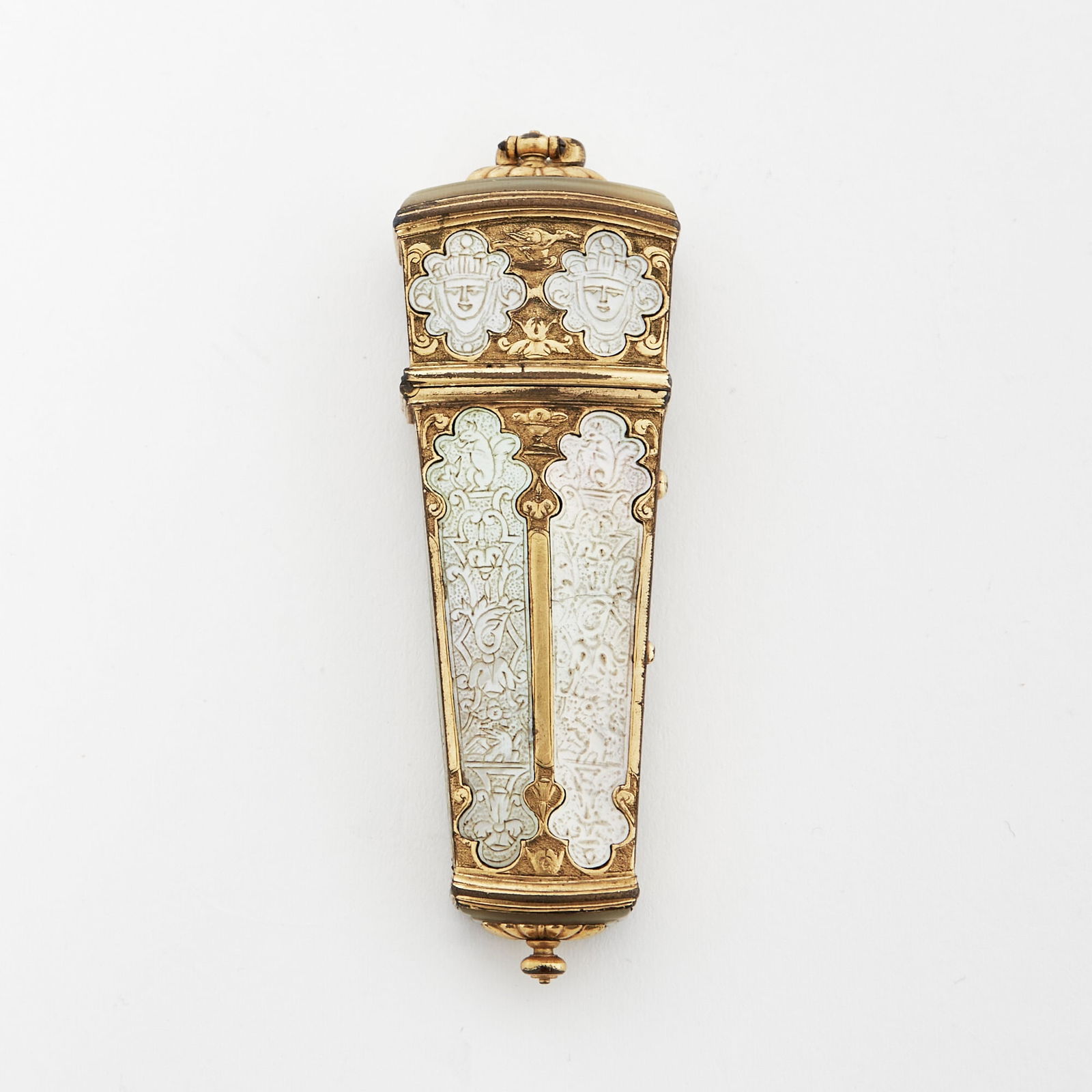 French Gilt Metal and Mother of Pearl Etui: Probably 17th centuryThe panels engraved with masks, birds and animals. Length 4 1/4 inches. Generally good condition overall; lacking one implement (implements replaced); small loss to at least one