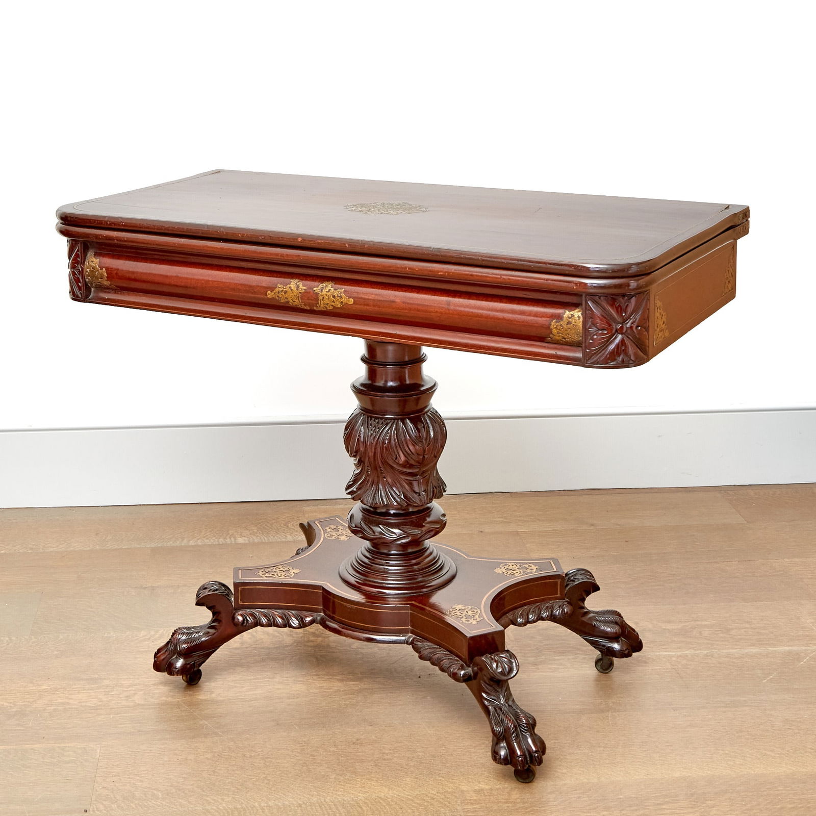 American Classical Brass Inlaid Mahogany Fold Over Games Table (1 of 11)