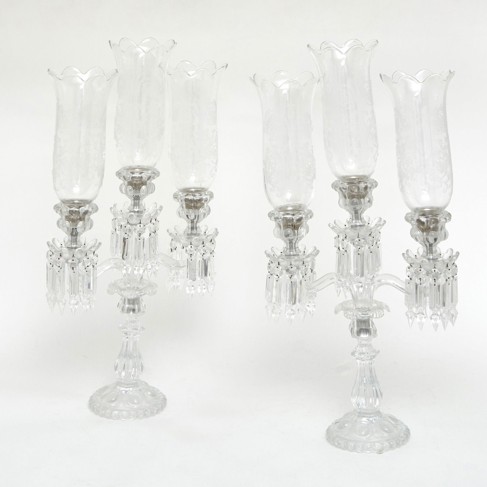 Pair of Baccarat Molded and Etched Glass Three Light Candelabra (1 of 2)