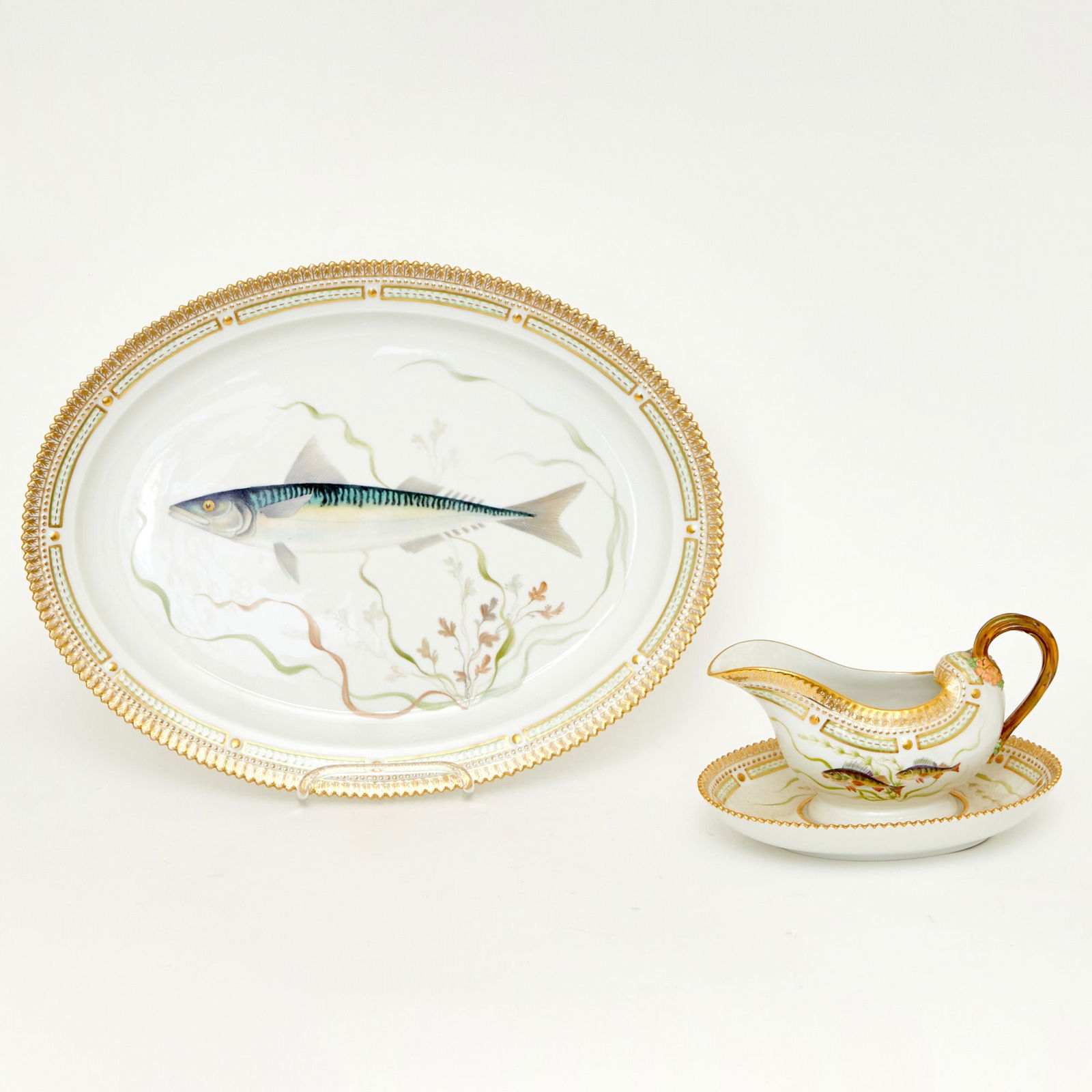Royal Copenhagen Porcelain "Flora Danica" Pattern Fish Platter and Sauceboat on Stand (1 of 3)