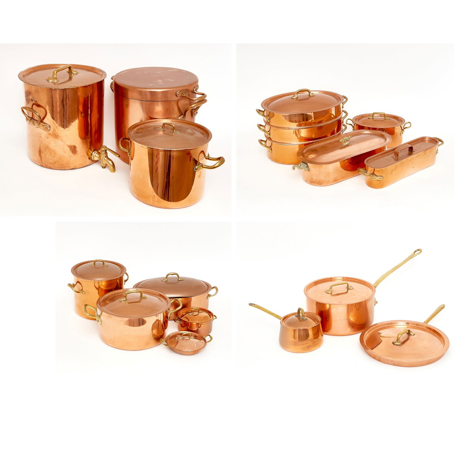 Assembled Copper Batterie de Cuisine: Including covered pots, pans and boilers. Approximately 15 pieces. Length of largest 20 inches; height of largest boiler 13 1/4 inches; length of smallest over handles 6 inches.