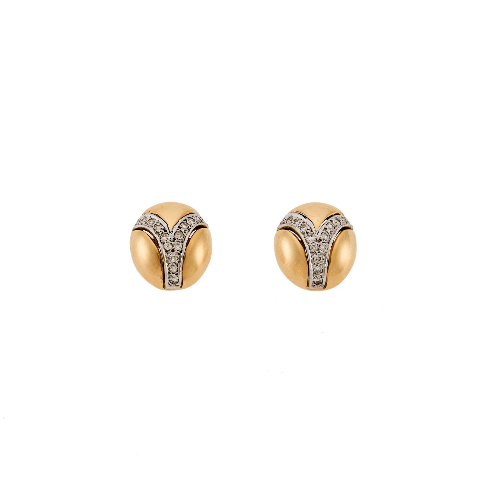 Pair of Two-Color Gold and Diamond Dome Earrings: Yellow and white gold, 30 round and single-cut diamonds ap. .40 ct., ap. 5 dwts. Tests 14 kt.Posts. 3/4 x 3/4 inches.