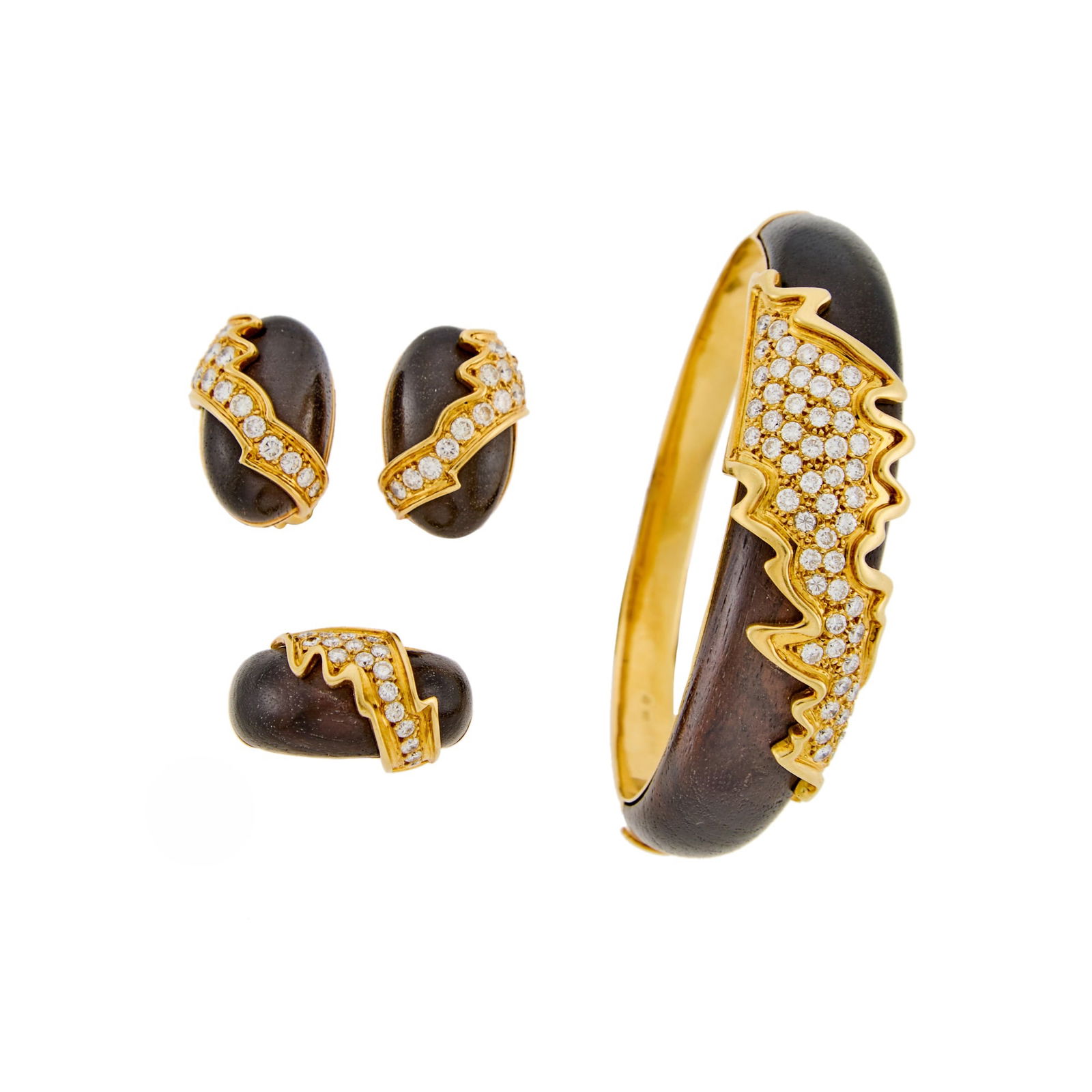 H. Stern Gold, Wood and Diamond Bangle Bracelet, Pair of Earclips and Ring: 18 kt., round diamonds ap. 4.25 cts., with maker's marks, ap. 40.5 dwts. gross. Inner cir. 6 1/2 inches. Size 7. Diamonds: G-H-VSClip backs. 13/16 x 1/2 inch.Bangle hinged.