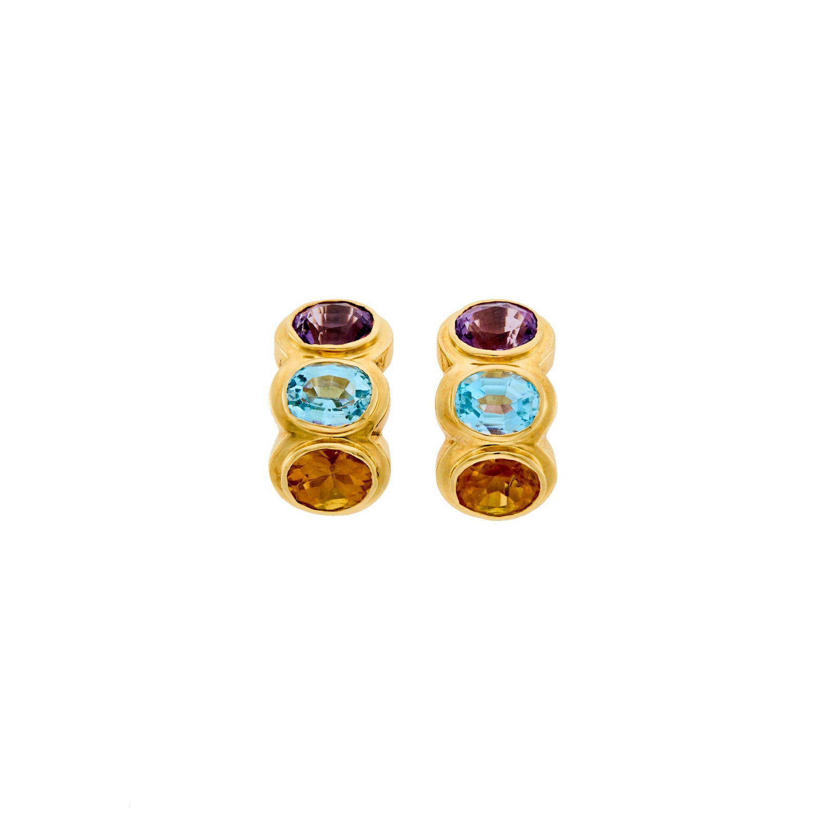 Pair of Gold and Colored Stone Earrings: 14 kt., oval amethyst, blue topaz and citrine, ap. 8.3 dwts. * Posts with clip backs. 1 x 1/2 inch.