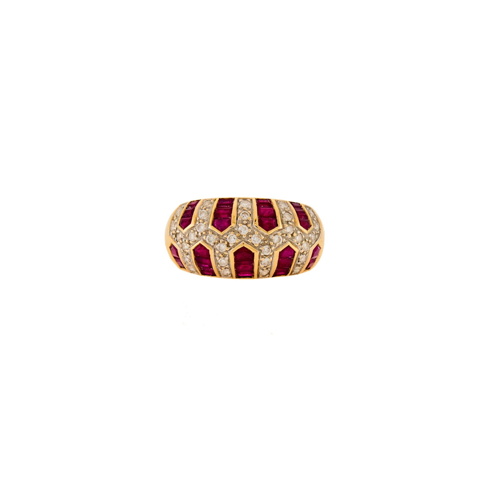 Gold, Diamond and Ruby Ring: 14 kt., round diamonds ap. .60 ct., baguette and fancy-shaped rubies, ap. 4.7 dwts. Size 6 1/4. Rubies: deep slightly purplish red, slightly included.Diamonds: Imperfect