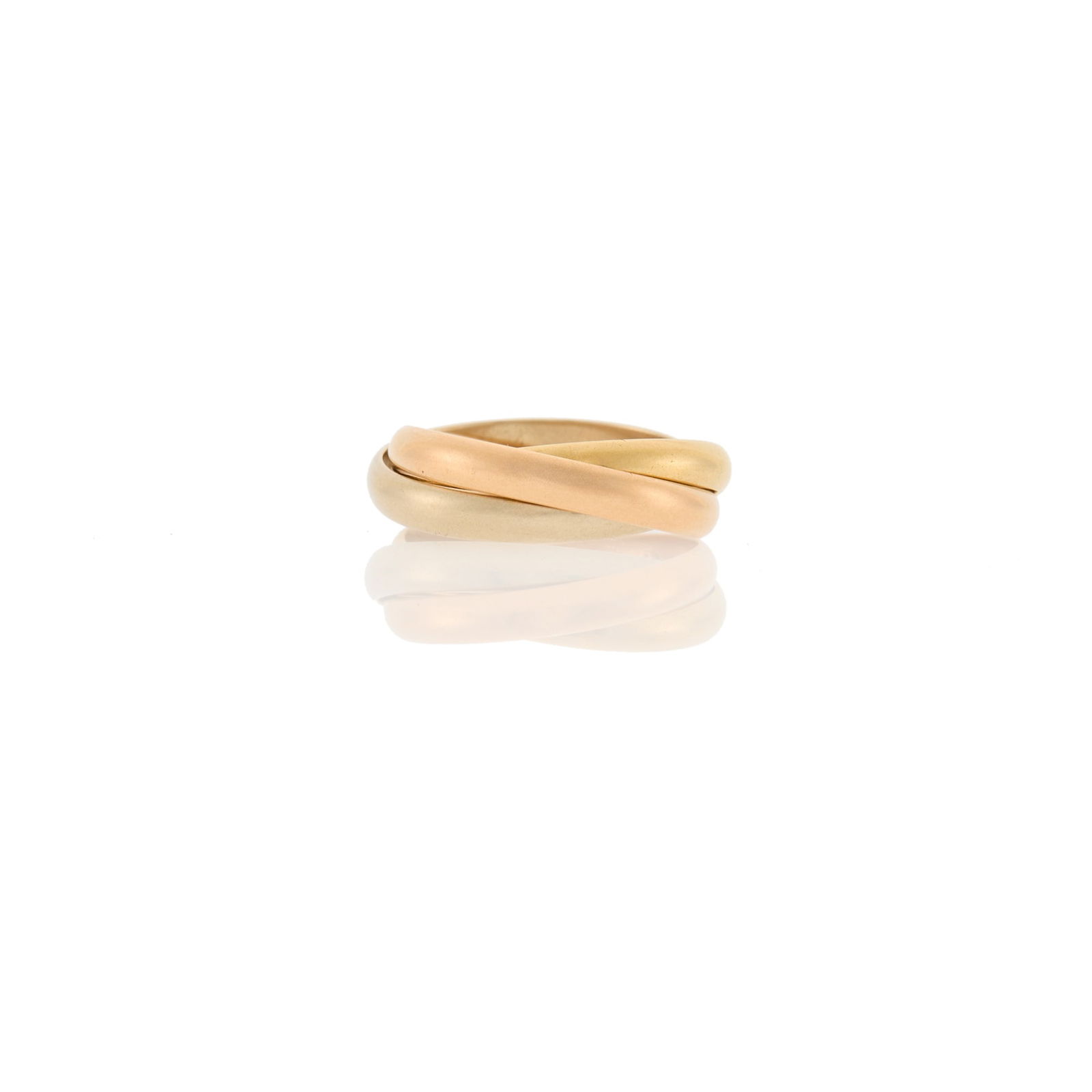 Tricolor Gold Rolling Band Ring: 18 kt. yellow, white and rose gold, ap. 6 dwts. Size 9. Width 5/16 inch.