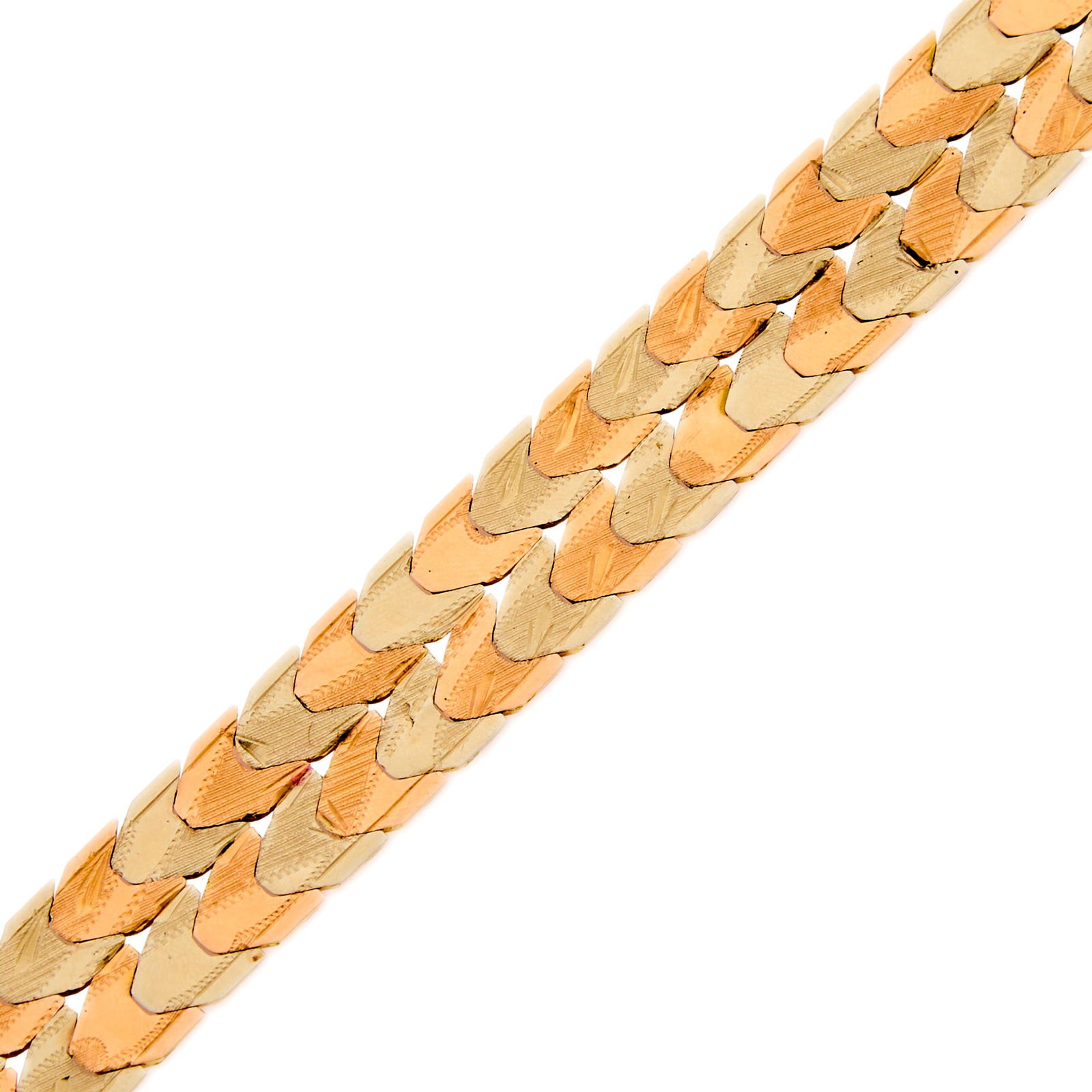 Two-Color Gold Link Bracelet: 14 kt. white and rose gold, ap. 15 dwts. Length 7 inches. Width 9/16 inch.
