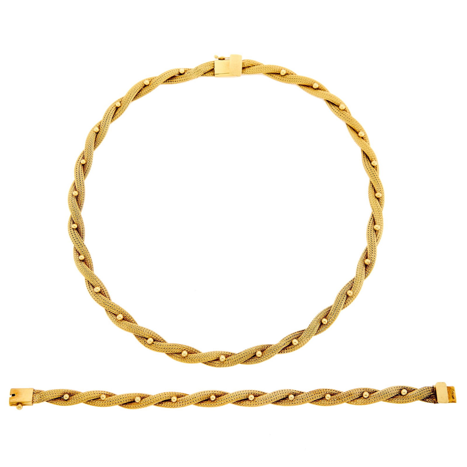 Gold Braided Necklace and Bracelet: 14 kt., ap. 29.6 dwts. Length 7 5/8 and 17 3/4 inches. Width 1/4 inch.