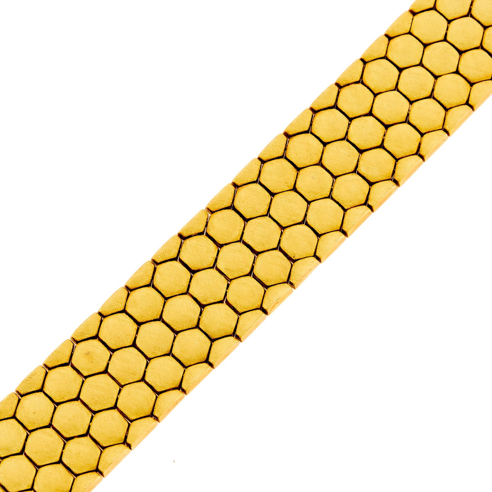 Wide Gold Bracelet: 18 kt., ap. 40 dwts. Length 7 inches. Width 7/8 inches.