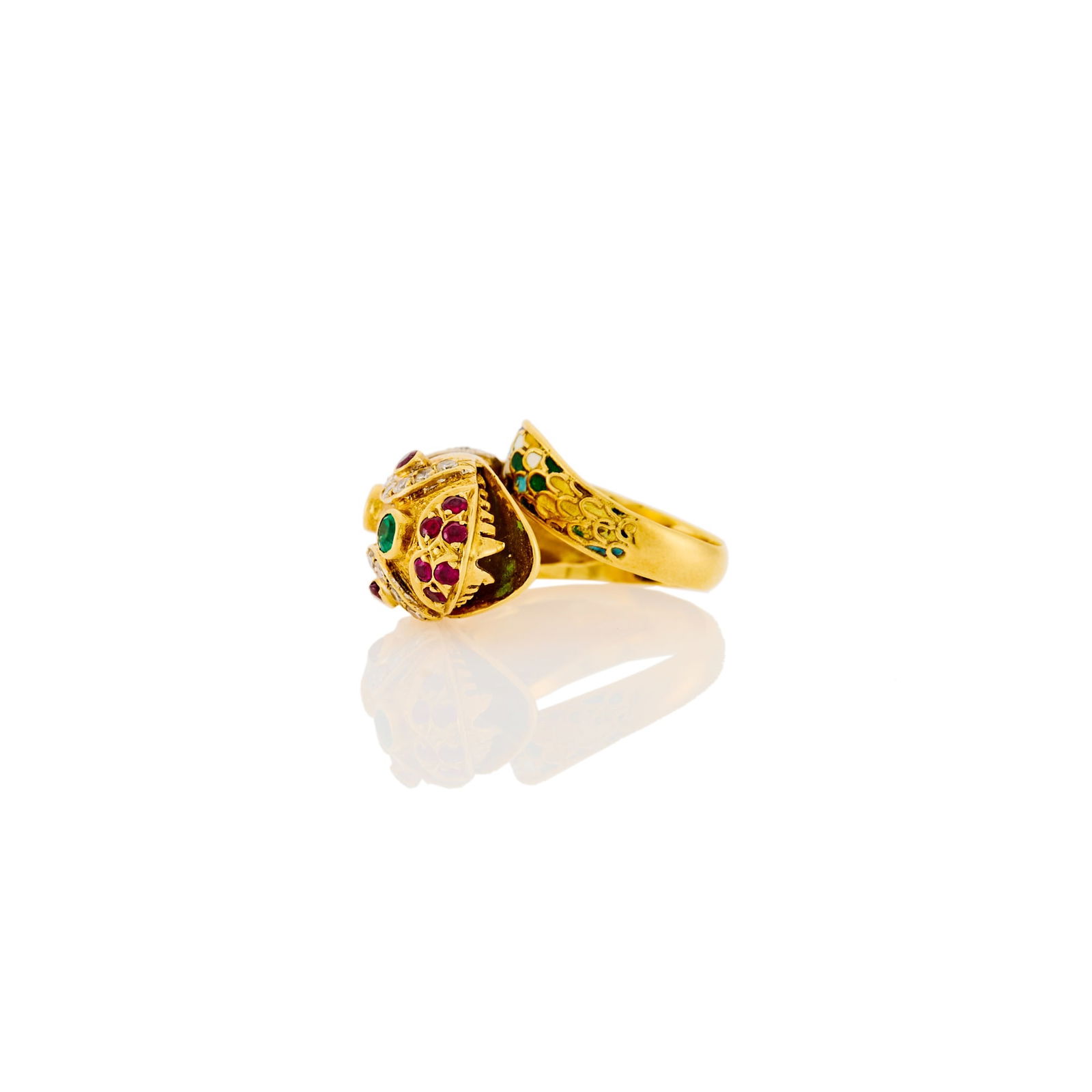 Two-Color Gold, Enamel, Diamond and Colored Stone Snake Ring: 18 kt. yellow and white gold, round emeralds and rubies, single-cut diamonds ap. .20 ct., colorful enamel, enamel loss, signed Made in Greece, ap. 7.5 dwts. Size 5 1/2. Enamel loss on several scales.