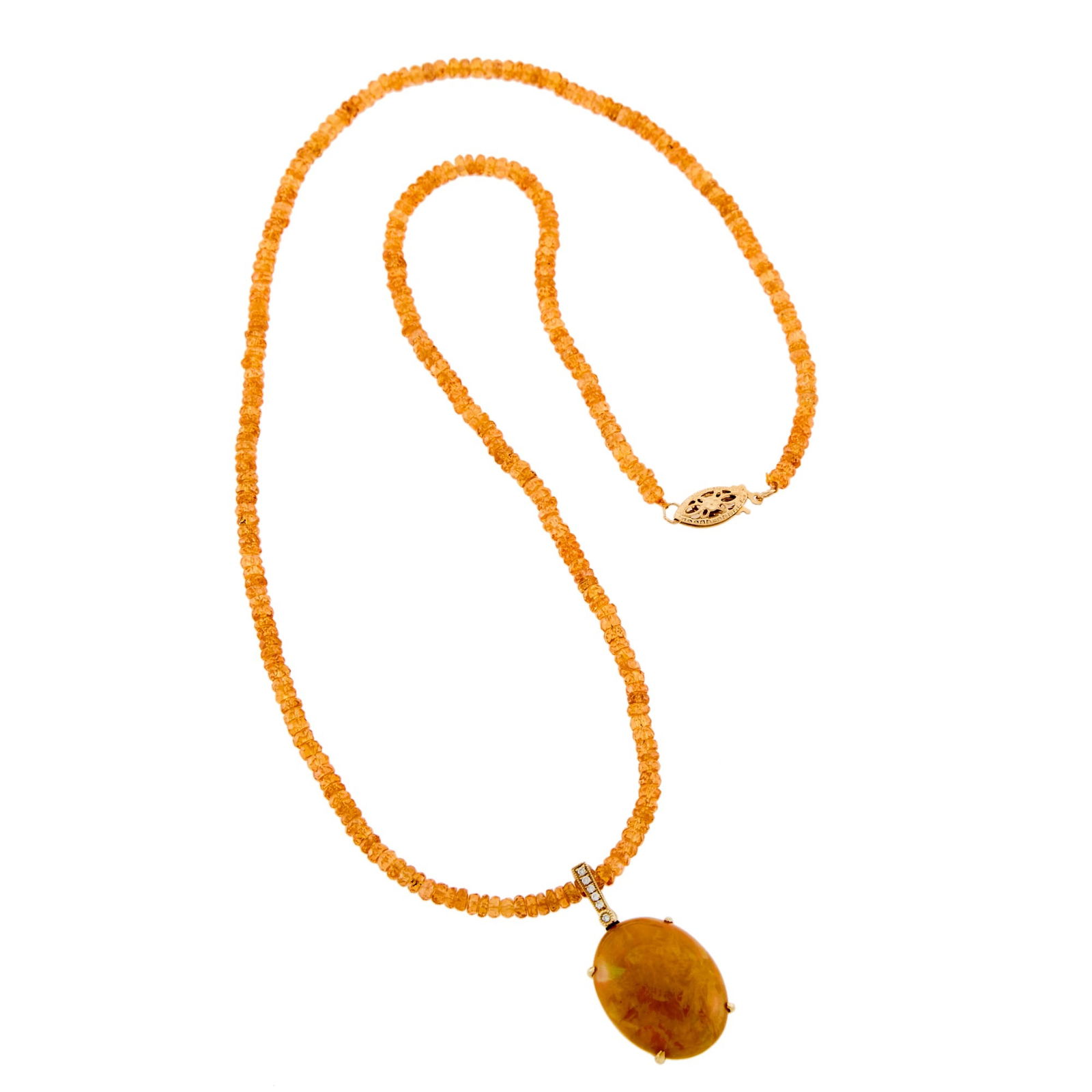 Gold, Fire Opal and Diamond Pendant with Orange Garnet Bead Necklace and Gold Clasp: 14 kt., one oval fire opal ap. 20.8 x 15.9 mm., faceted garnet beads ap. 3.2 mm., small round diamonds. Length 18 1/2 inches. Pendant: 1 5/16 x 3/4 inches.