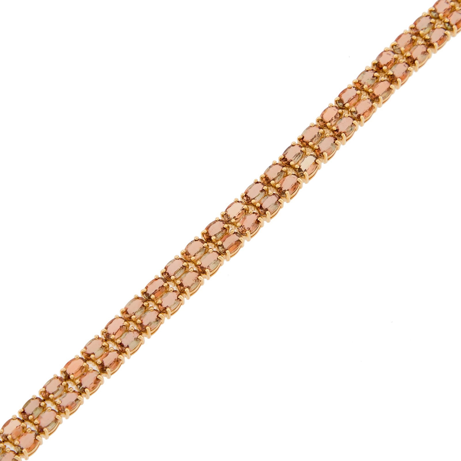Low Karat Gold and Multicolored Topaz Bracelet: 10 kt., 58 oval topaz ap. 19.00 cts., ap. 13 dwts. gross. Length 7 7/8 inches.* Topaz: light brownish orangy pink, cleanish.Width 5/16 inch.