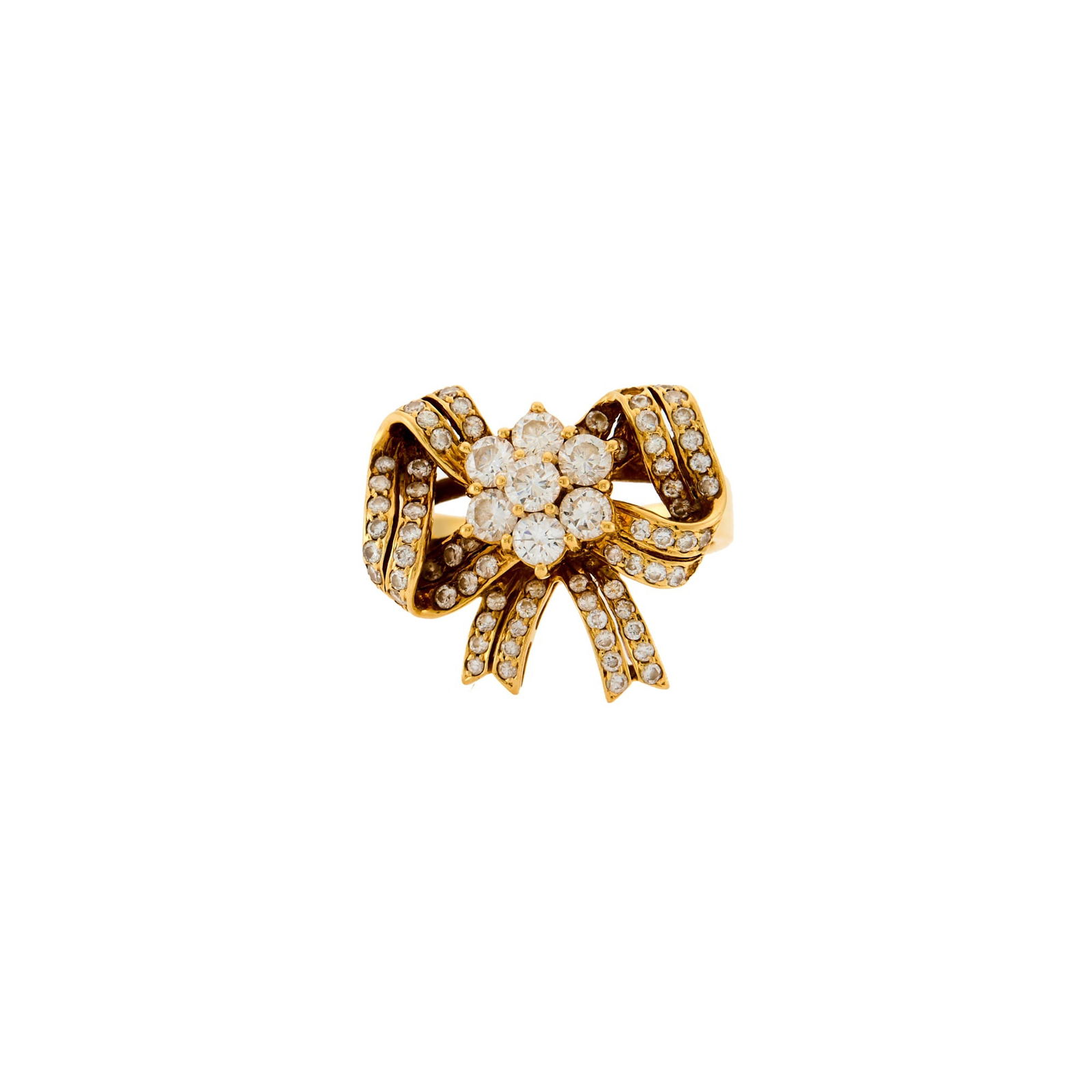 Gold and Diamond Bow Ring: 18 kt., round diamonds weighing 1.33 cts., weight inscribed, one diamond missing, ap. 5.3 dwts. Size 6. Diamonds: H-I-VS-SI