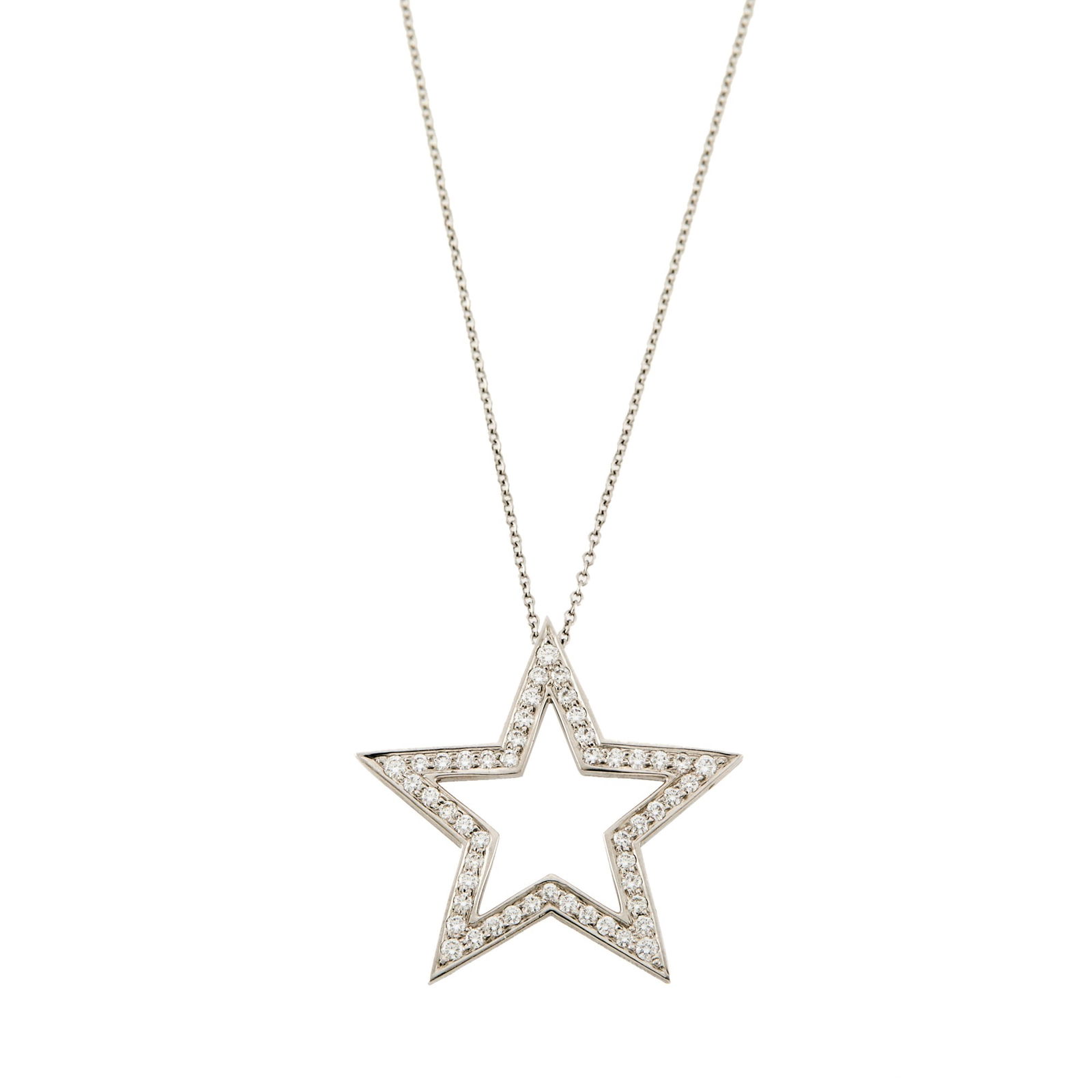 Tiffany & Co. Platinum and Diamond Star Pendant with Chain Necklace: 50 round diamonds ap. .75 ct., pendant and chain signed Tiffany & Co., ap. 4.4 dwts. Length 15 7/8 inches. Diamonds: F-G-VSPendant diameter 1 1/8 inches. 