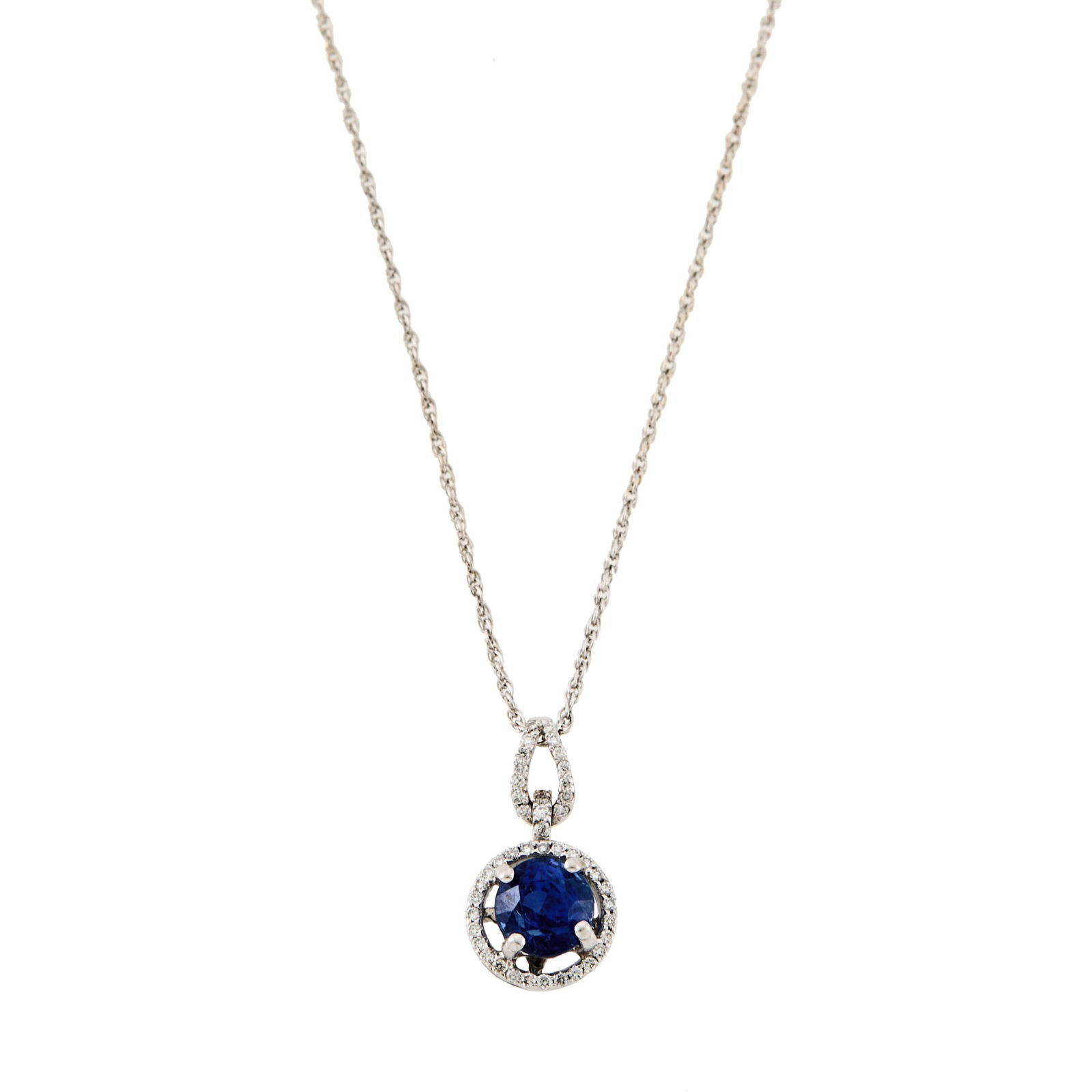 White Gold, Sapphire and Diamond Pendant with Chain Necklace (1 of 1)