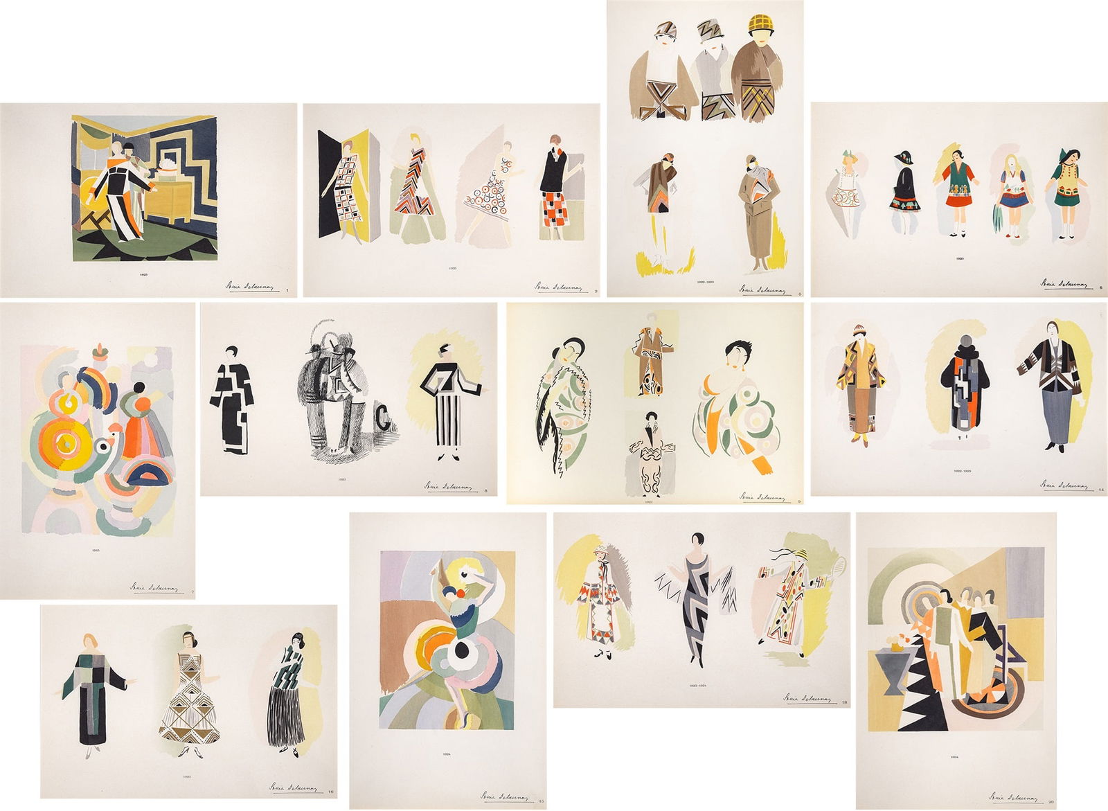 Sonia Delaunay (1885-1979): SES PEINTRES, SES OBJETS, SES TISSUS SIMULTANÉS, SES MODES Thirteen color pochoirs with letterpress text, circa 1925, with stamped signature, published by Libraire des Arts Decoratifs, Paris,