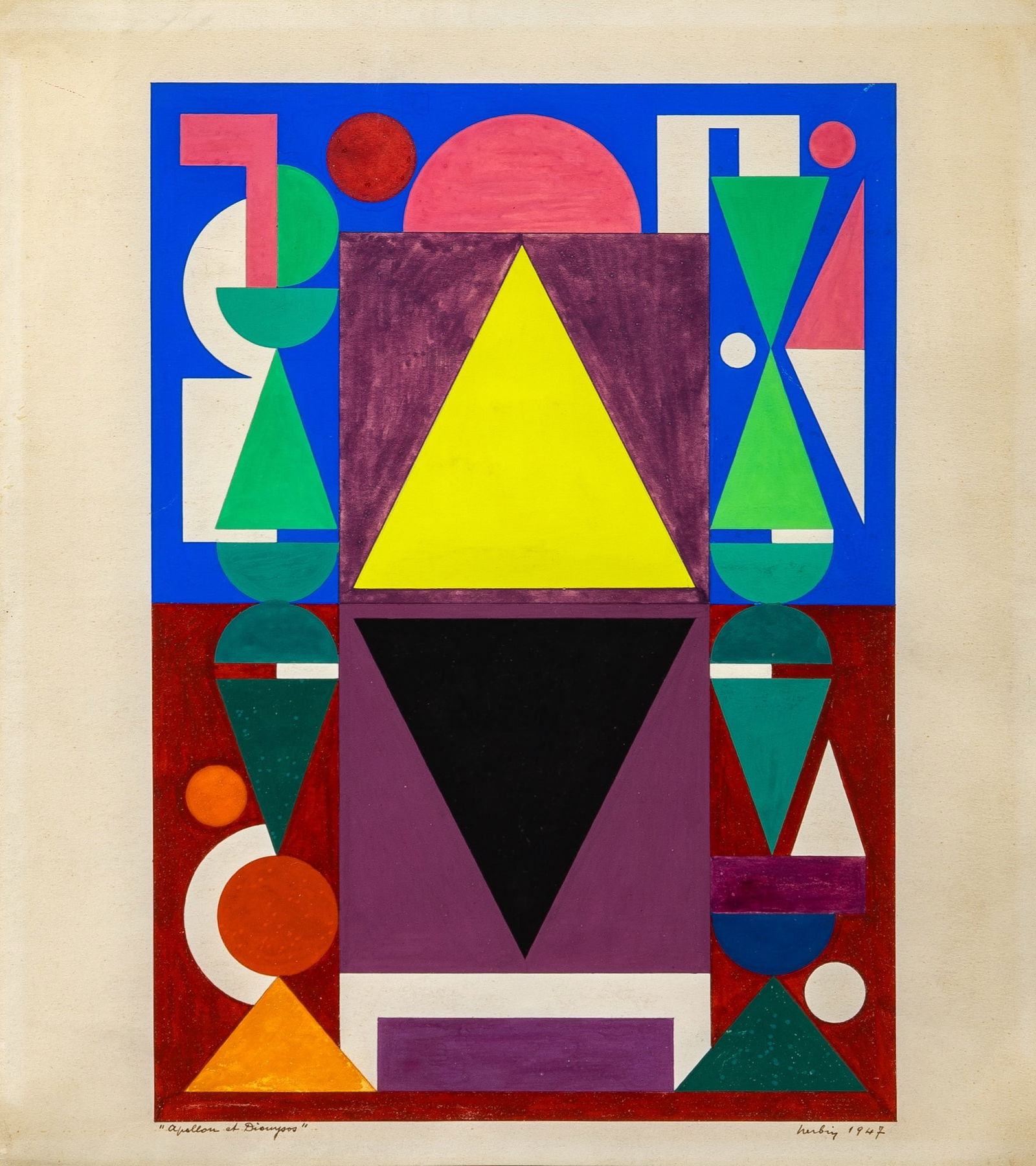 Auguste Herbin: French, 1882–1960 Apollon et Dionysos, 1947 Signed and dated Herbin 1947 (lr); inscribed as titled (ll) Gouache on paper 15 1/2 x 13 7/8 inches (39.4 x 35.2 cm) Provenance: Rachel Adler
