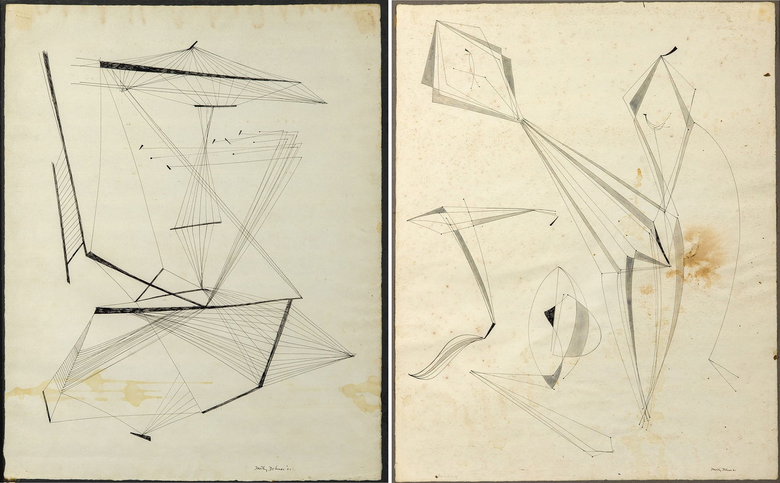 Dorothy Dehner: American, 1901-1994 Aviary I and Aviary II, 1950-51 Signed and dated Dorothy Dehner 50 and Dorothy Dehner '51 (lr), respectively Ink on paper Each 23 x 18 inches (58.4 x 45.7 cm) (Framed 28 1/2 x