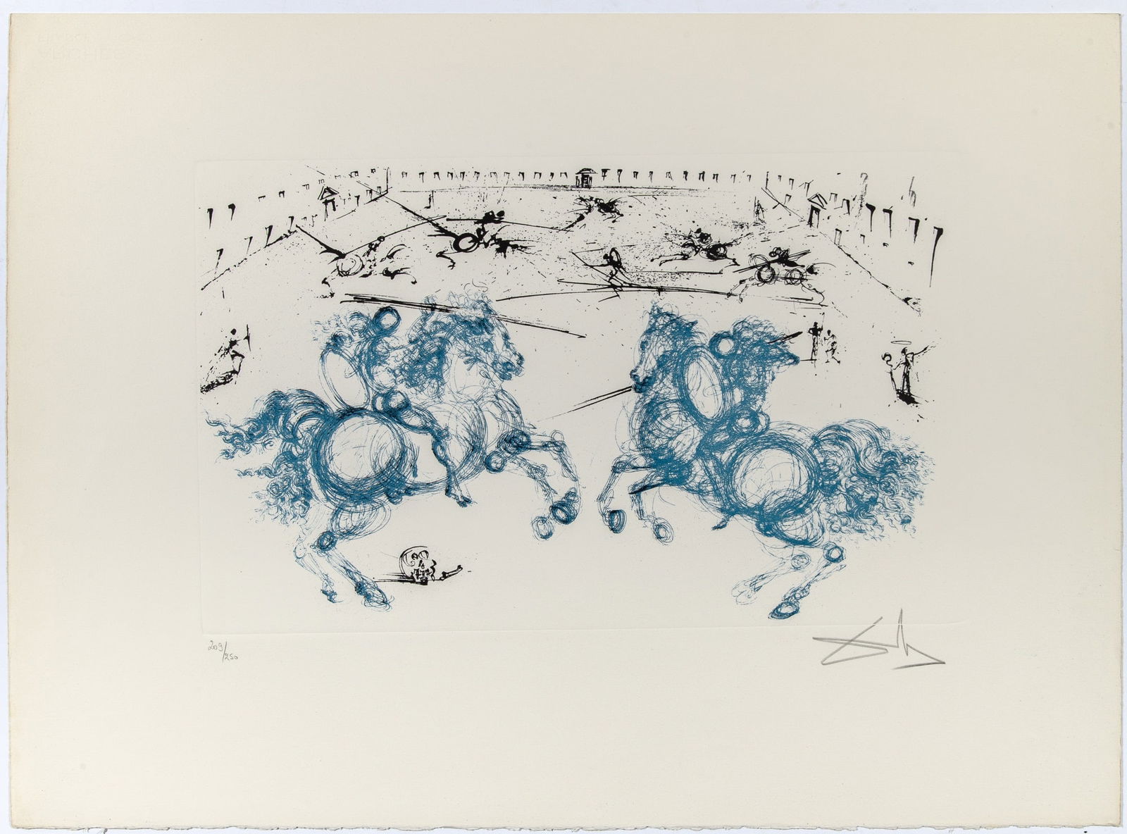 Salvador Dalí (1904–1989): COMBAT DE CAVALIERS (FIELD 73-1J) Color etching and aquatint, 1971, on Richard de Bas paper, signed and numbered 209/250 in pencil, from Calderón: La vida es sueño, published by Editeuropa