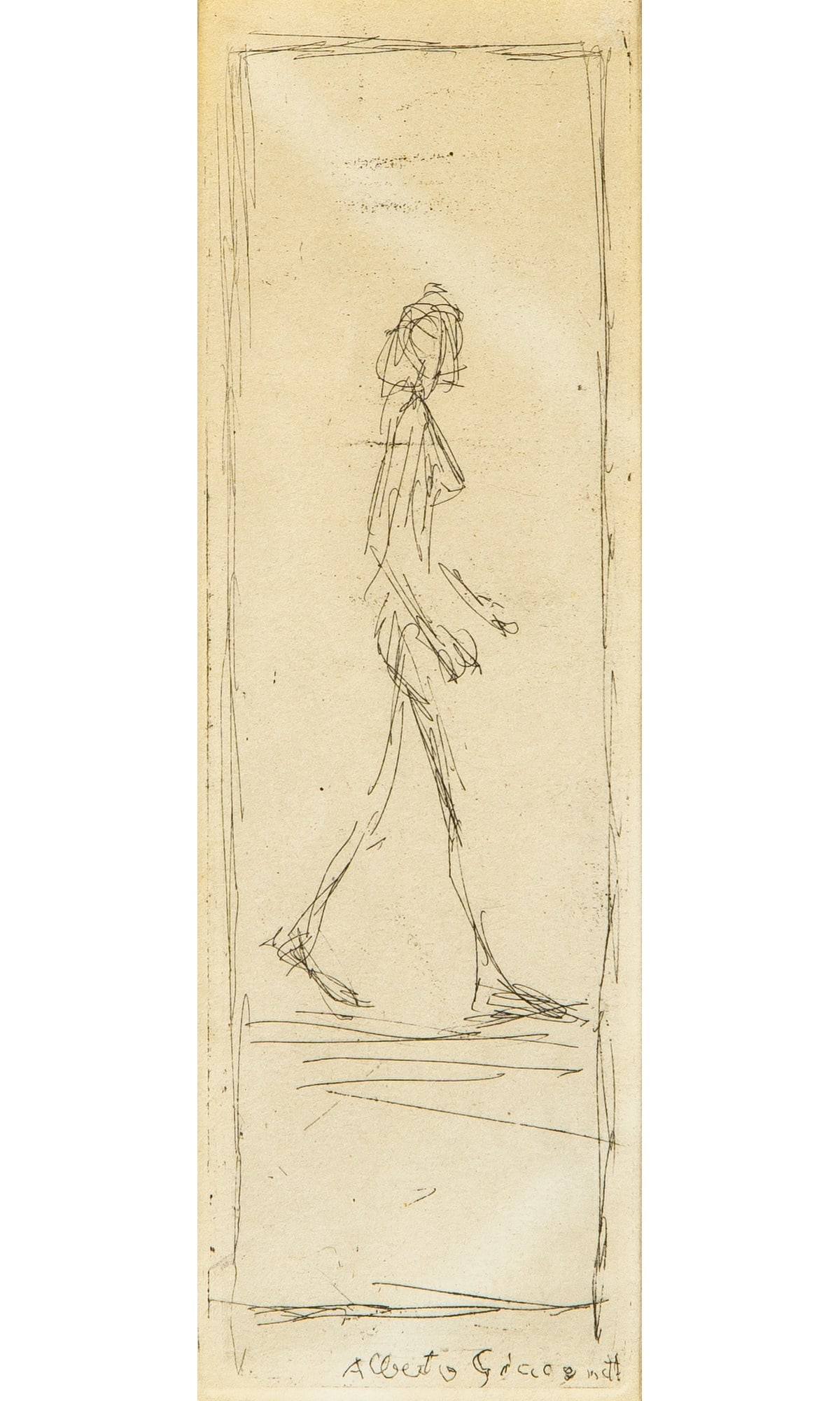 Alberto Giacometti (1901-1966): FEMME QUI MARCHE (LUST 96; KORNFELD 151) Etching, 1955, on wove paper, from the Christmas card edition of 550, published by Maeght, Paris, with margins, framed. Plate 8 1/8 x 2 1/2 inches (20.6 x 6.3