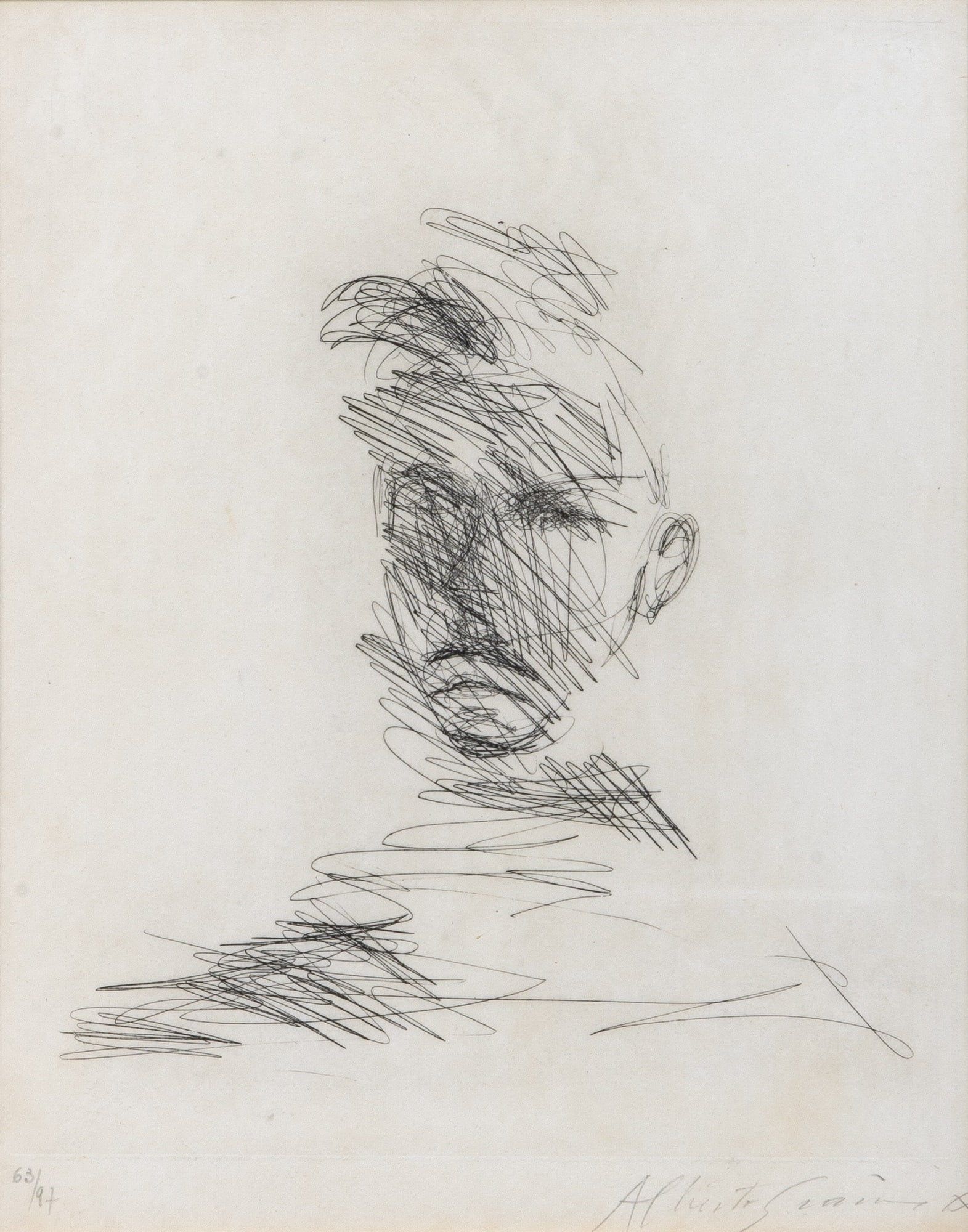 Alberto Giacometti (1901-1966): RIBAUD AS SEEN BY PAINTERS (LUST 175) Etching, 1962, on wove paper, laid on card, signed and numbered 63/97 in pencil, published by Matarasso, Paris, with good margins, framed. Plate 11 3/4 x 9 3/4