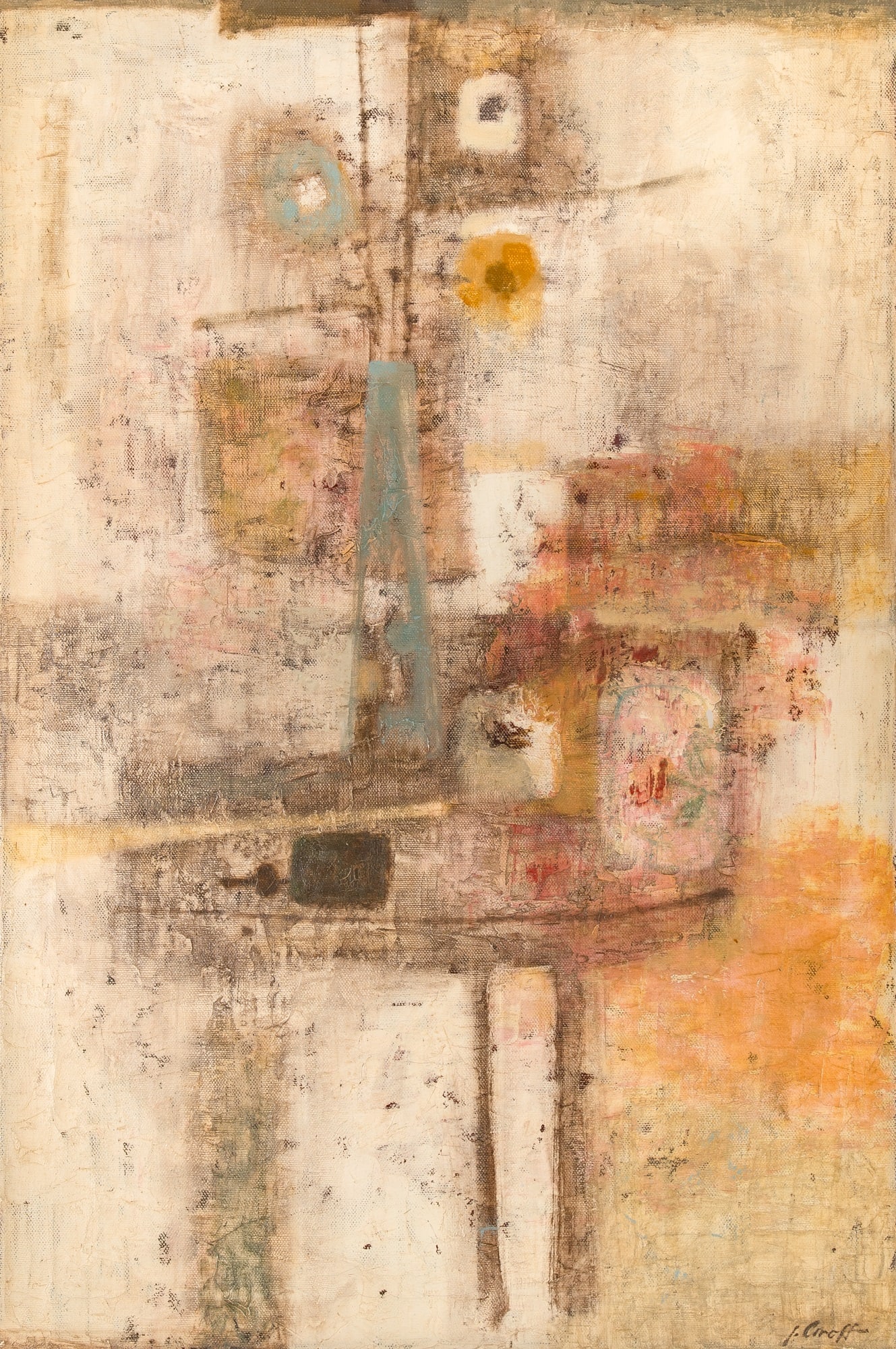 Joe Caroff: American, 1921-2025Foyer, 1955Signed and dated J. Caroff (lr)Oil on canvas36 x 24 inches (91.4 x 61 cm) (Framed 37 1/4 x 25 1/4 inches) In overall good condition. Some very fai