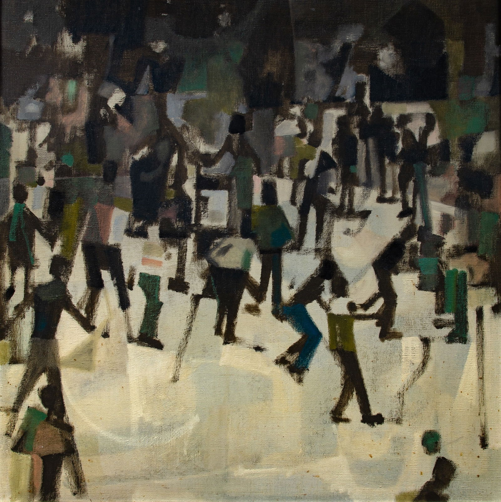Joe Caroff: American 1921-2025 City Rink, 1960 Signed Joe Caroff on the reverse Oil on canvas 36 x 36 inches (91.4 x 91.4 cm) (Framed 37 3/4 x 37 3/4 inches) Some scattered small spots of staining to the