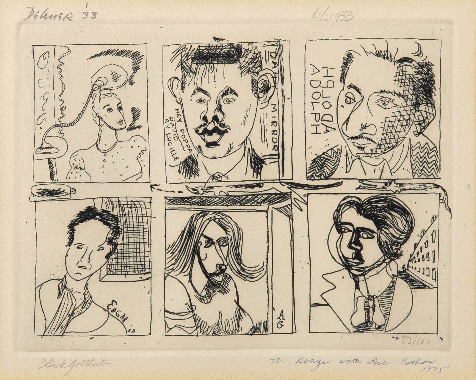 Dorothy Dehner, Lucille Corcos, Adolph Gottlieb, Esther Gottlieb, Edgar W. Levy and David Smith: SIX ARTISTS (ARTISTS' PORTRAITS) Collaborative etching, 1974, on wove paper, signed and dated by Dorothy Dehner, Edgar W. Levy and Esther Gottlieb in pencil, dedicated To Rosyn with Love / Esther
