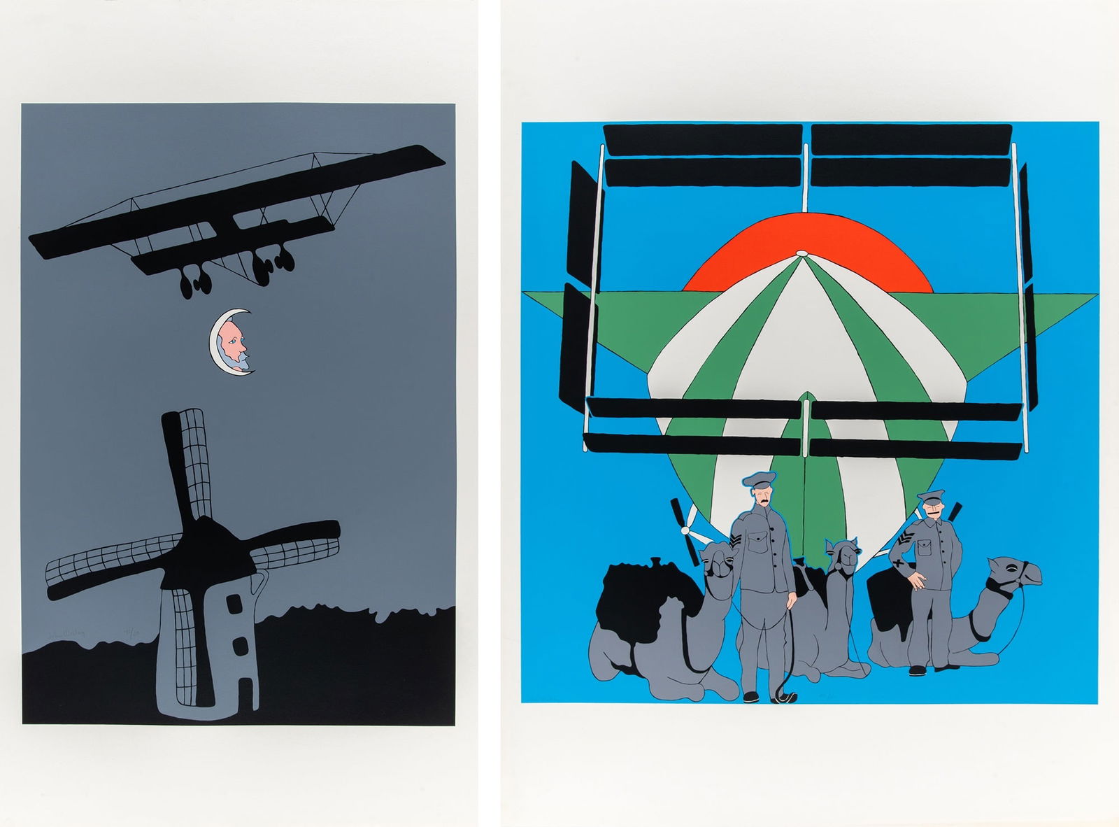 John Wesley (1928-2022): TWILIGHT OVER THE LOWLANDS; ANGLO-EGYPTIAN CAMEL CORPS WITH FRENCH DIRIGIBLE Two color screenprints, 1970, on wove paper, signed and numbered 72/150 and 105/150 in pencil, with full margins,