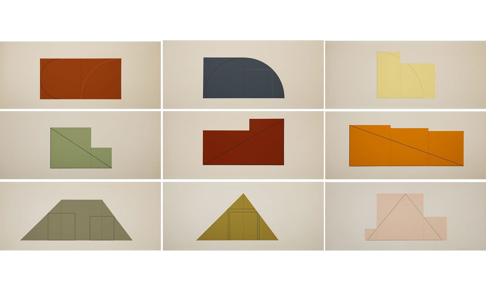 Robert Mangold (b. 1937): MULTIPLE PANEL PAINTINGS, 1973-1976 (A BOOK OF SILK SCREENPRINTS) Complete set of nine color screenprints, joined together (as issued), 1977, on Fabriano Cotton paper, one signed and numbered 59 in