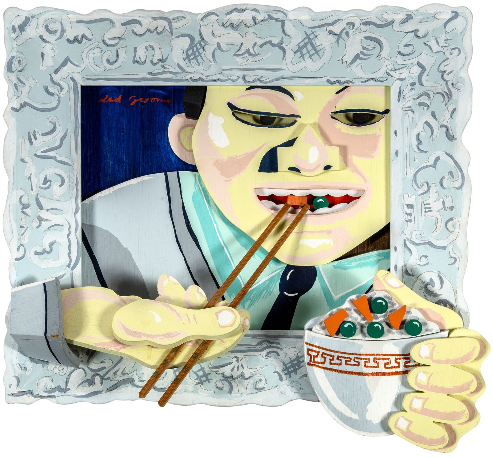 Red Grooms (b. 1937): PEKING DELIGHT (KNESTRICK 76) Three-dimensional color screenprint, pochoir and rubber stamp on wood, 1979, signed in red paint, stamp-numbered 37/50, produced by Vermillion Editions Limited,