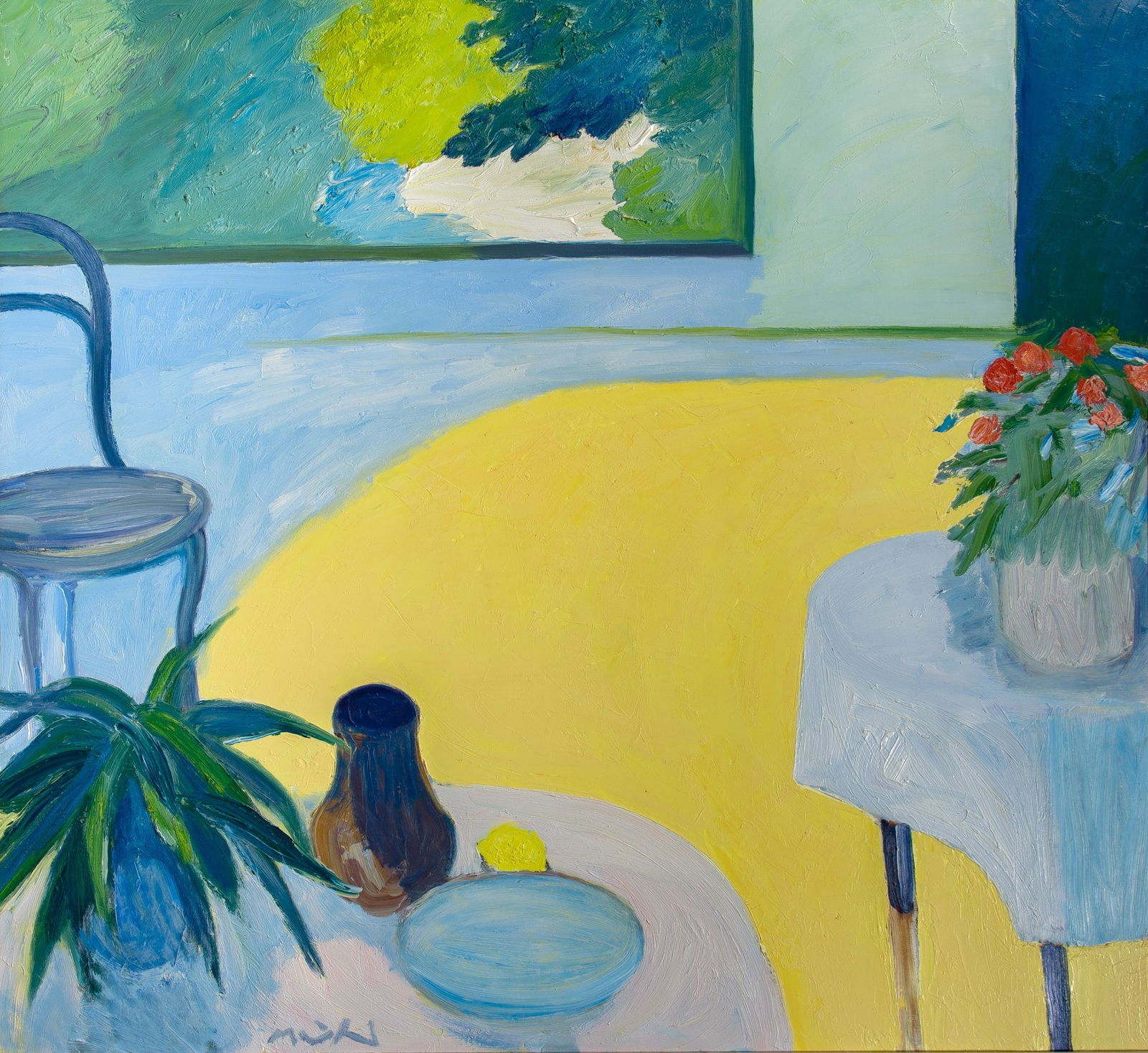 Roger Muhl: French, 1929-2008 Le tapis jaune Signed Muhl (lc) Oil on canvas 46 1/2 x 50 1/2 inches (118.1 x 128.3cm) Provenance: David Findlay Galleries, New York (Framed 55 x 60 inches) Overall in excellent