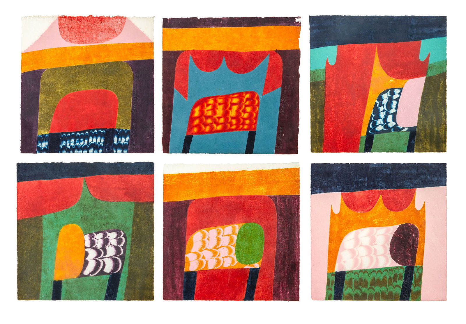 Carol Summers (1925-2016): KULU; CHAMBA; NURPUR; MALWA; BUNDI; MANKOT Complete set of six color woodcuts and monotypes, 1980, on Japan paper, signed, dated, titled and numbered 84/200 in pencil, from Inside the Palace, A Bow